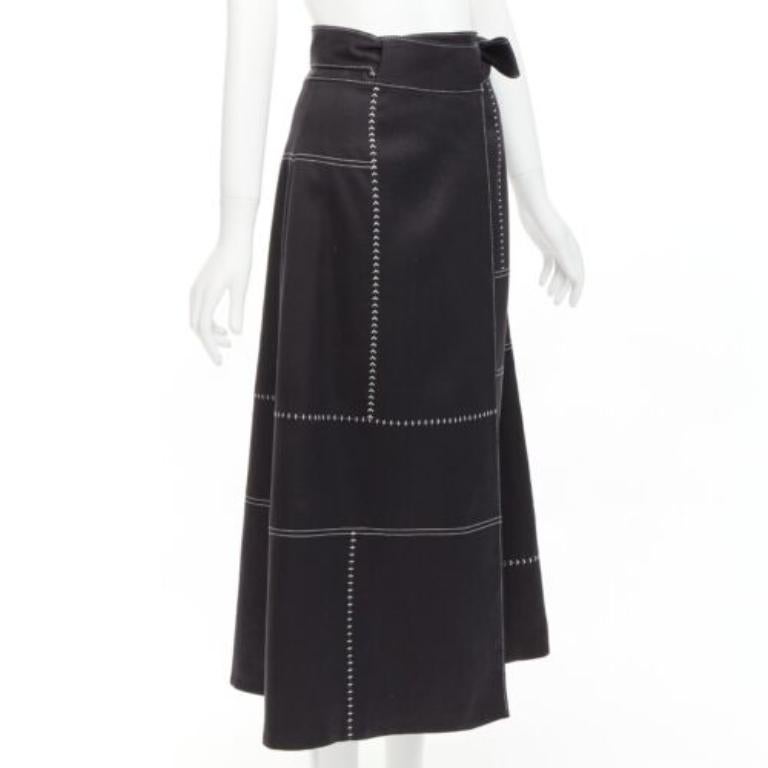 Black GABRIELA HEARST black 100% linen white overstitched panel wrap skirt IT36 XXS For Sale