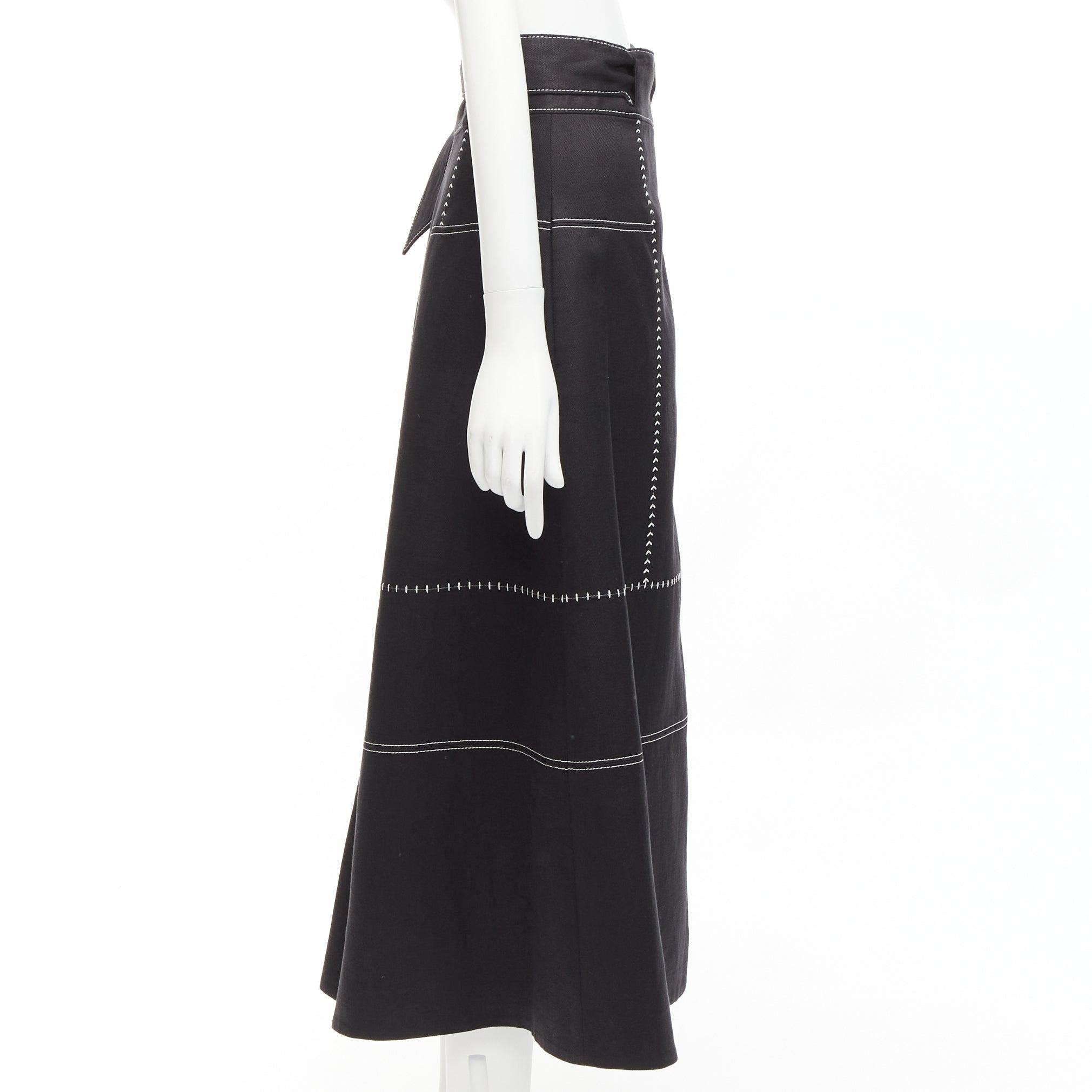 Women's GABRIELA HEARST black 100% linen white overstitched panel wrap skirt IT36 XXS For Sale
