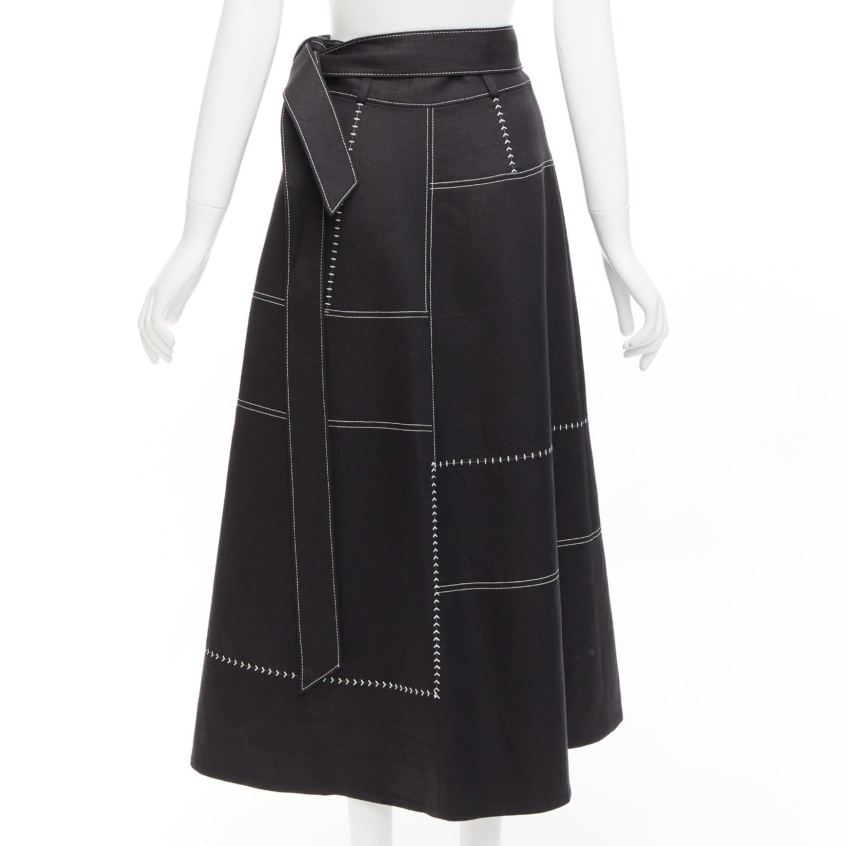 GABRIELA HEARST black 100% linen white overstitched panel wrap skirt IT36 XXS For Sale 1