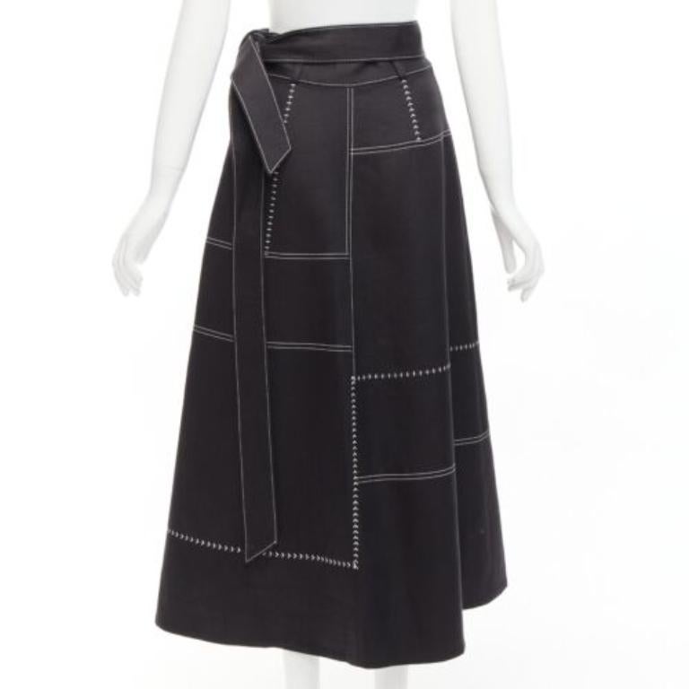 Women's GABRIELA HEARST black 100% linen white overstitched panel wrap skirt IT36 XXS For Sale