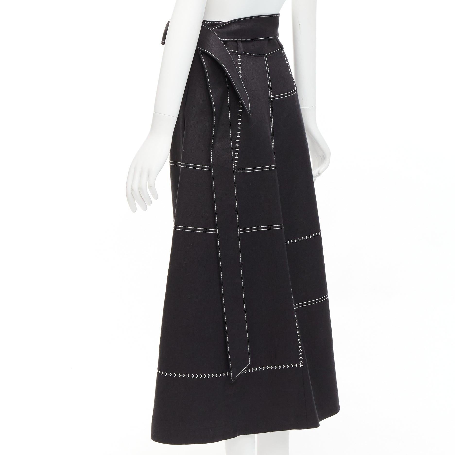 GABRIELA HEARST black 100% linen white overstitched panel wrap skirt IT36 XXS For Sale 2