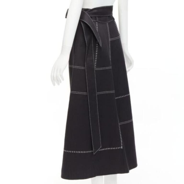 GABRIELA HEARST black 100% linen white overstitched panel wrap skirt IT36 XXS For Sale 1