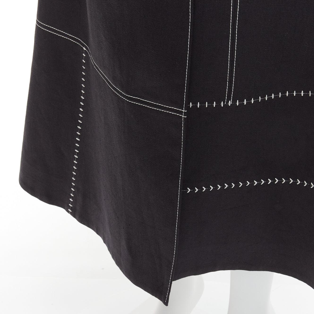 GABRIELA HEARST black 100% linen white overstitched panel wrap skirt IT36 XXS For Sale 3