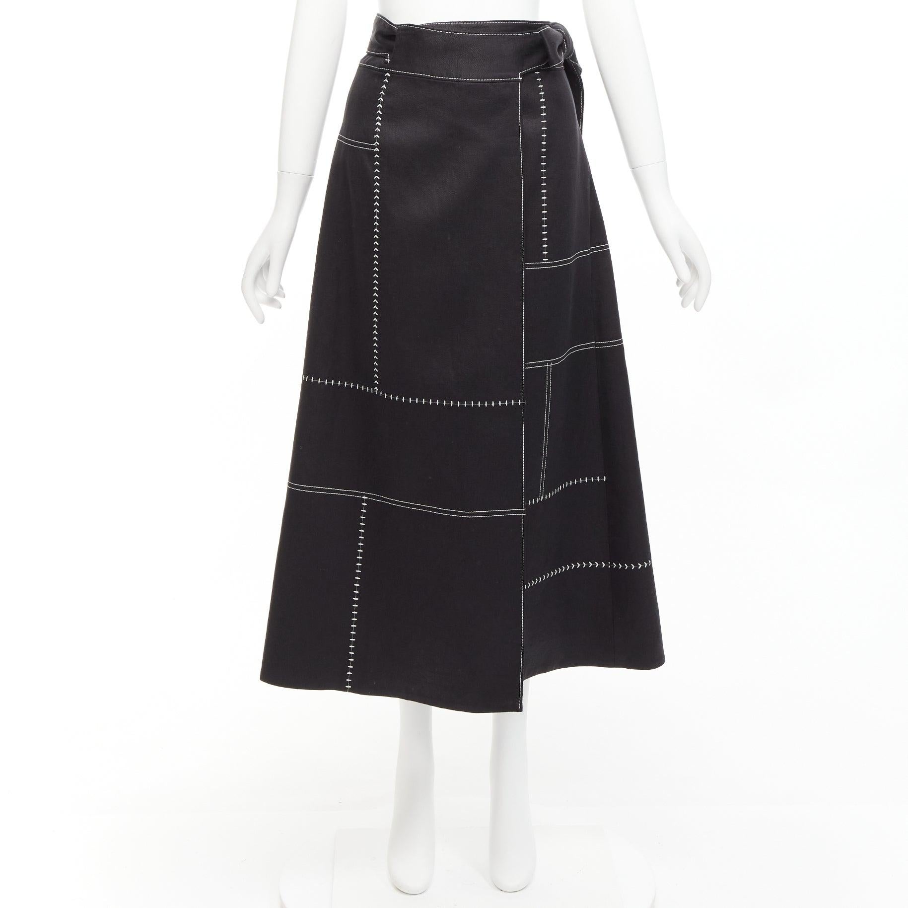 GABRIELA HEARST black 100% linen white overstitched panel wrap skirt IT36 XXS For Sale 5