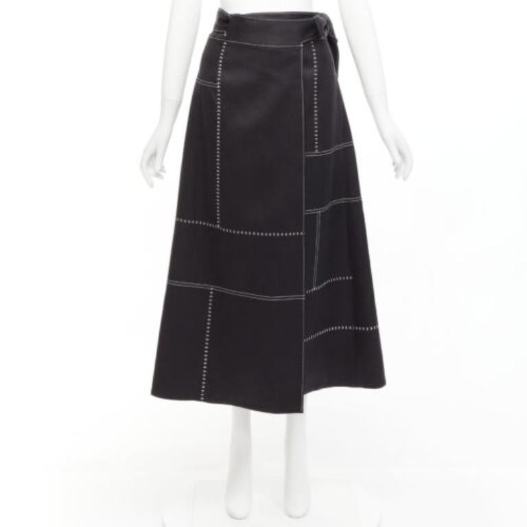 GABRIELA HEARST black 100% linen white overstitched panel wrap skirt IT36 XXS For Sale 4