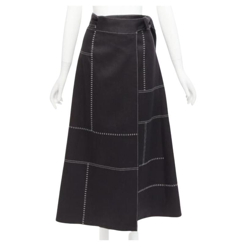 GABRIELA HEARST black 100% linen white overstitched panel wrap skirt IT36 XXS For Sale