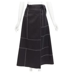 GABRIELA HEARST black 100% linen white overstitched panel wrap skirt IT36 XXS