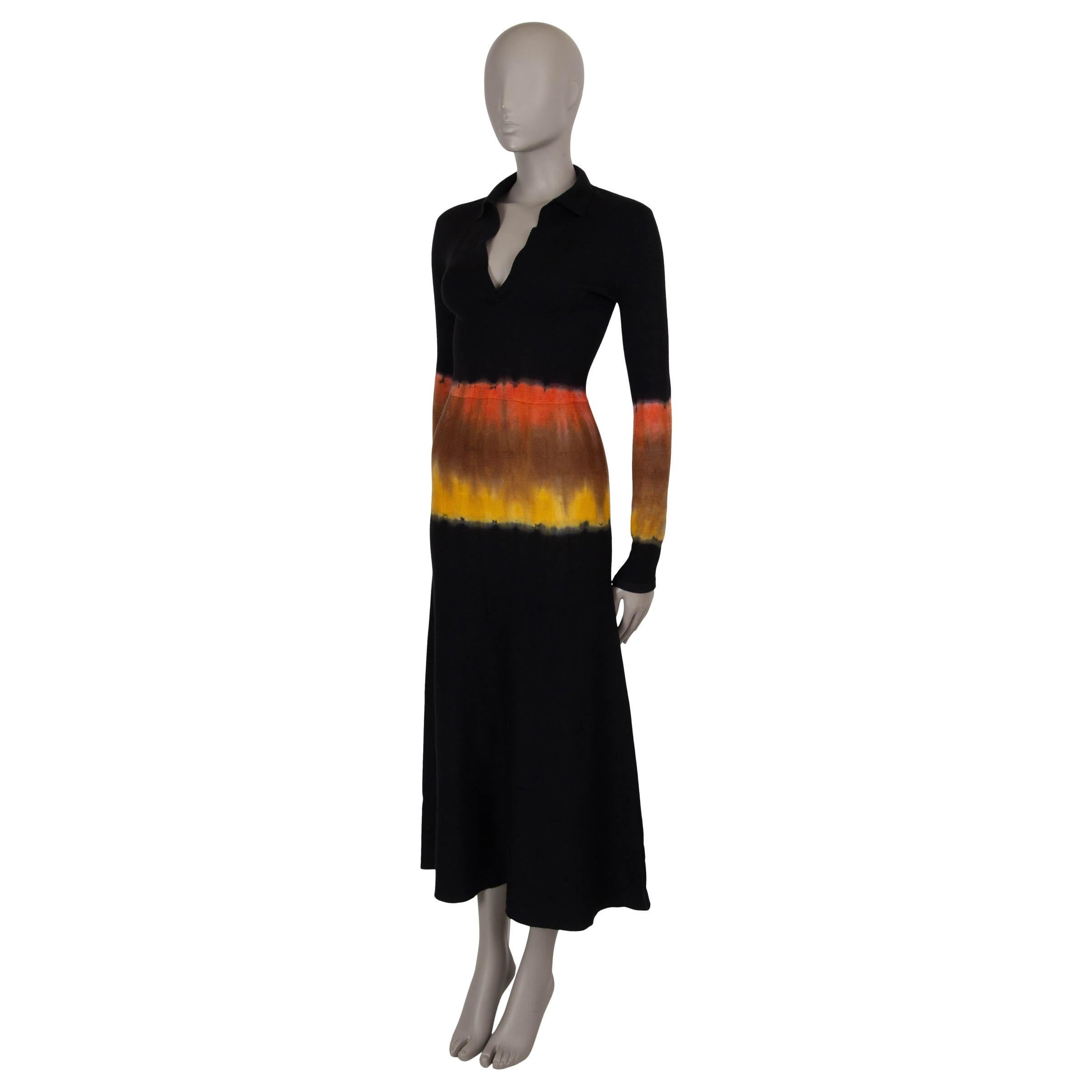 This 100% authentic Gabriela Hearst Beryl dress in black fine knit cashmere (81%) and silk (19%) showcases a striking yellow, orange, and brown tie-dye stripe across the waist. Designed with a fit-and-flare silhouette, midi length, polo-style
