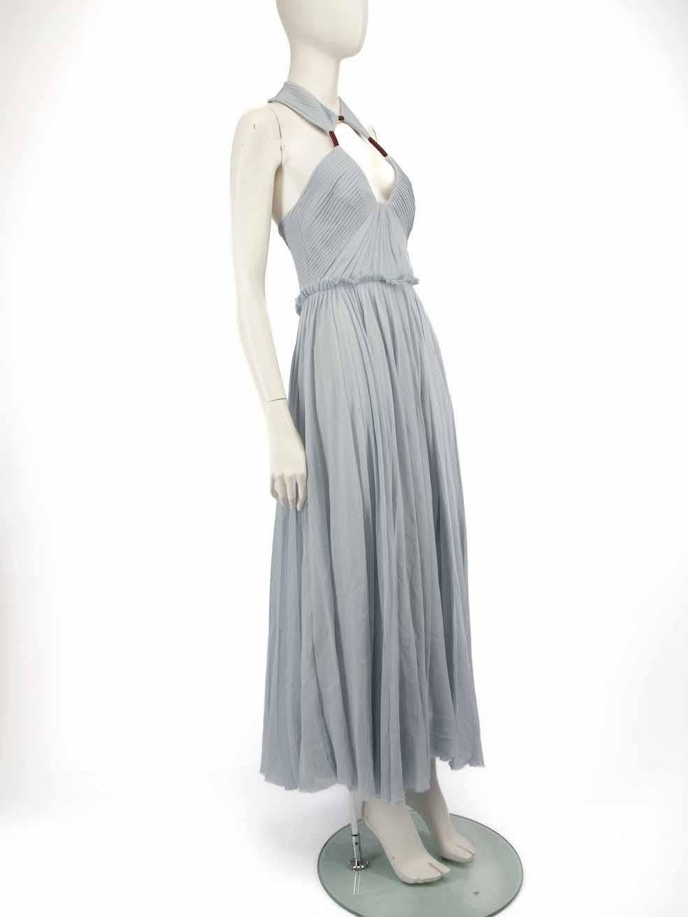 CONDITION is Very good. Minimal wear to the dress is evident. There is a pluck to the weave near the hem of the dress on this used Gabriela Hearst designer resale item.
 
 
 
 Details
 
 
 Blue
 
 Cotton
 
 Dress
 
 Halter neck
 
 Maxi
 
