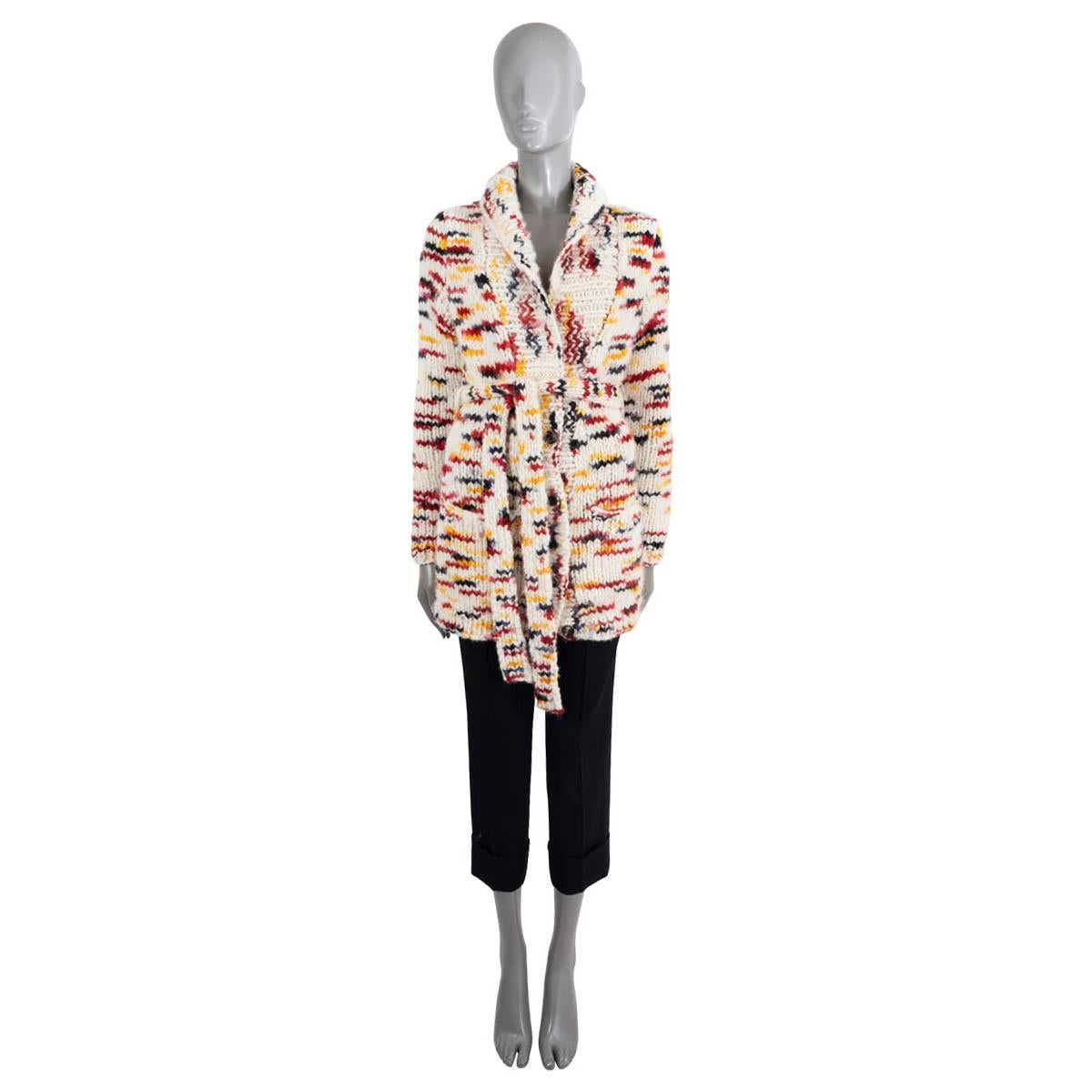 100% authentic Gabriela Hearst Hopkins knit jacket in space-dyed ivory brushed cashmere (100%) with details in ivory, red, yellow and black. Features shawl collar, matching knit belt, rib-knit trims and patch pockets at the waist. Closes with
