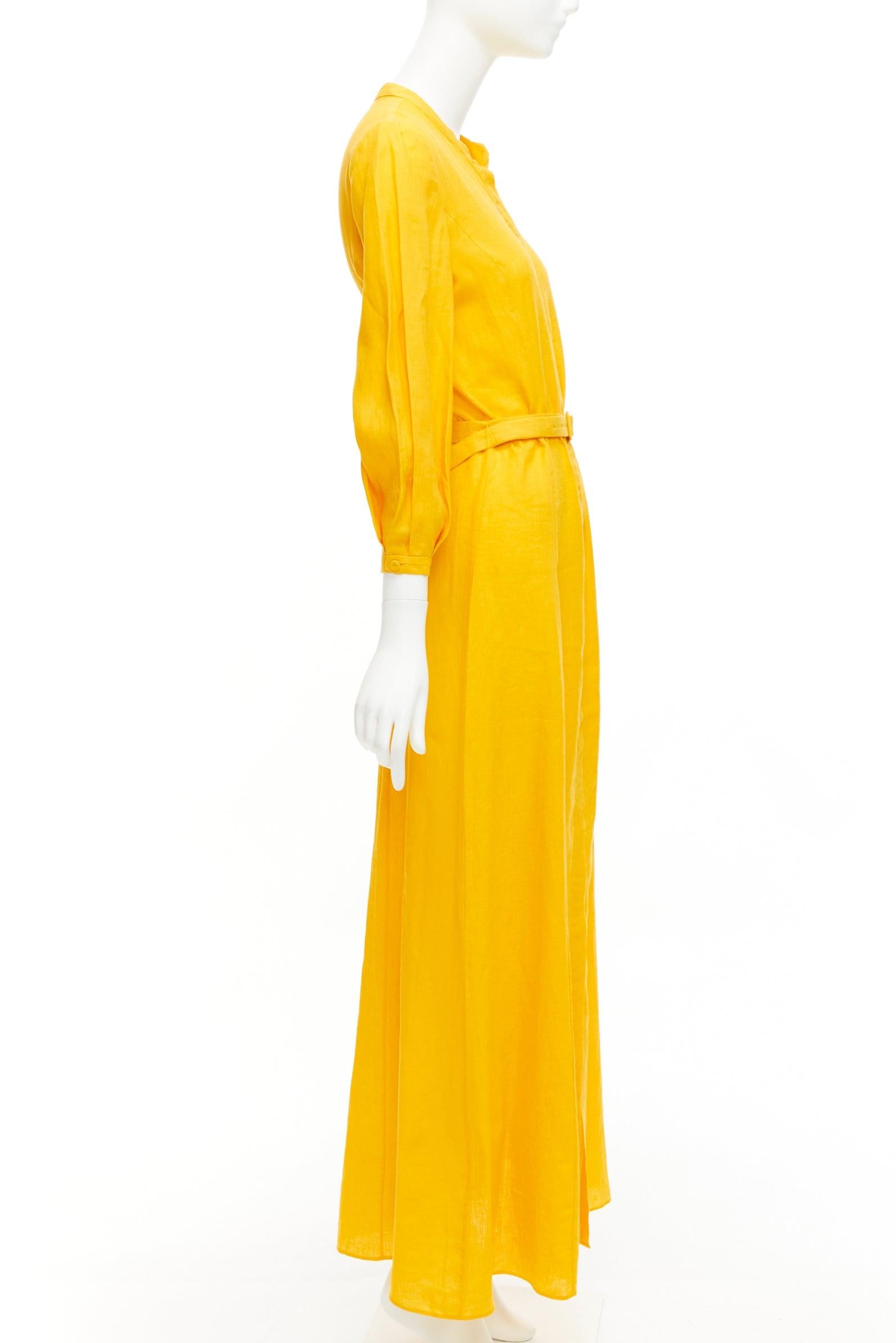 Women's GABRIELA HEARST Elias 100% linen yellow belted crop sleeve maxi dress IT38 XS