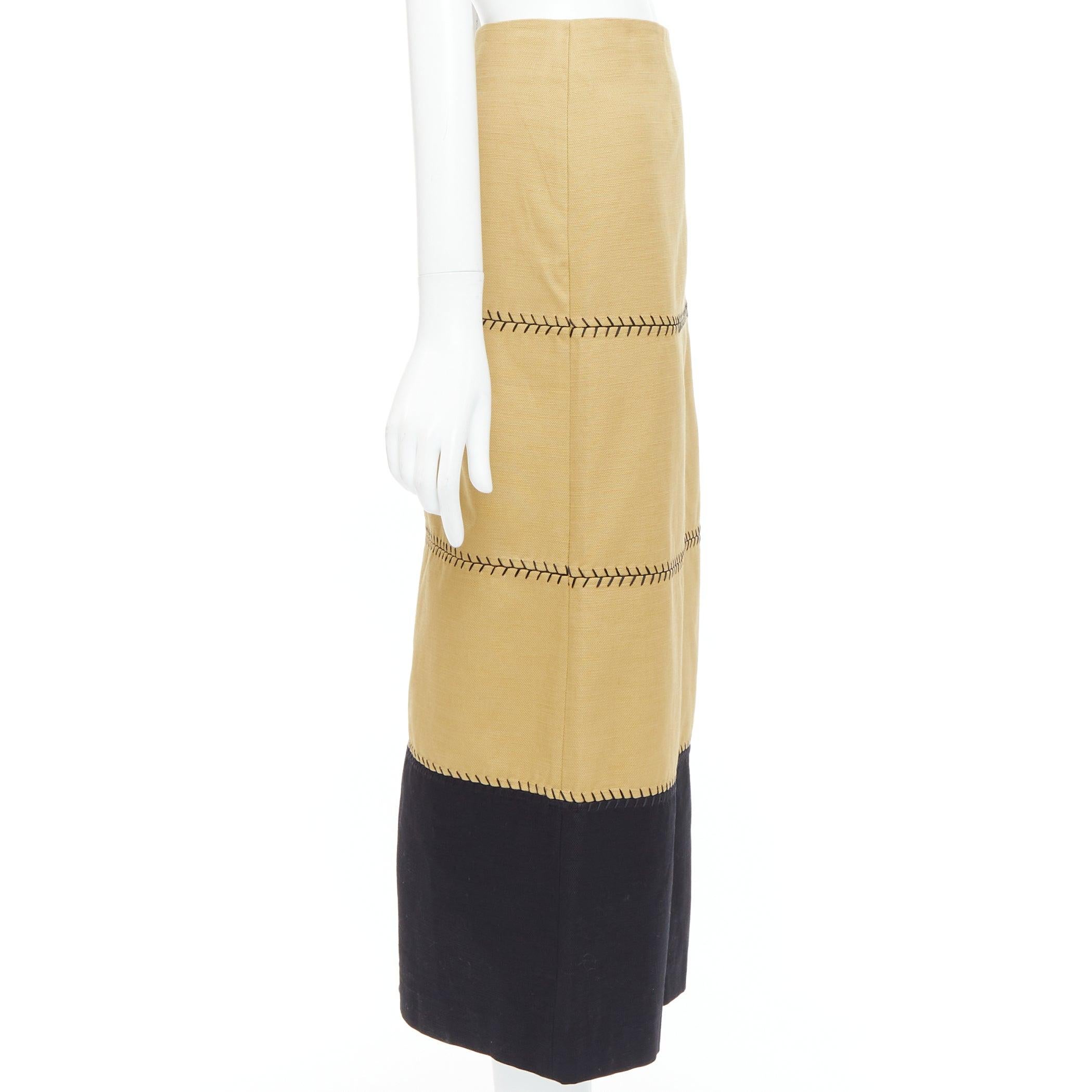 GABRIELA HEARST Lyssa tan cotton black whipstitch design midi skirt IT44 L In Good Condition For Sale In Hong Kong, NT