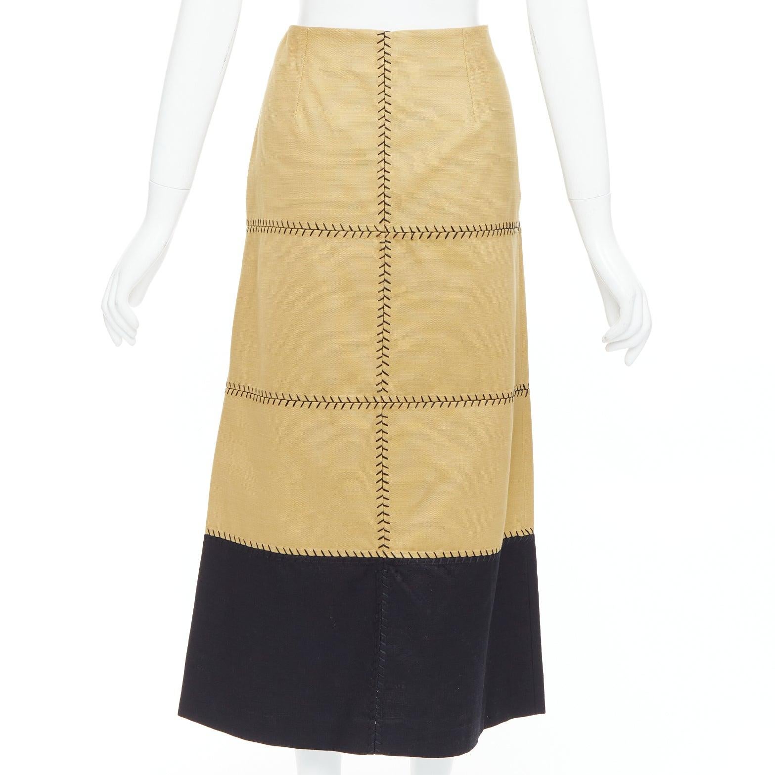 Women's GABRIELA HEARST Lyssa tan cotton black whipstitch design midi skirt IT44 L For Sale