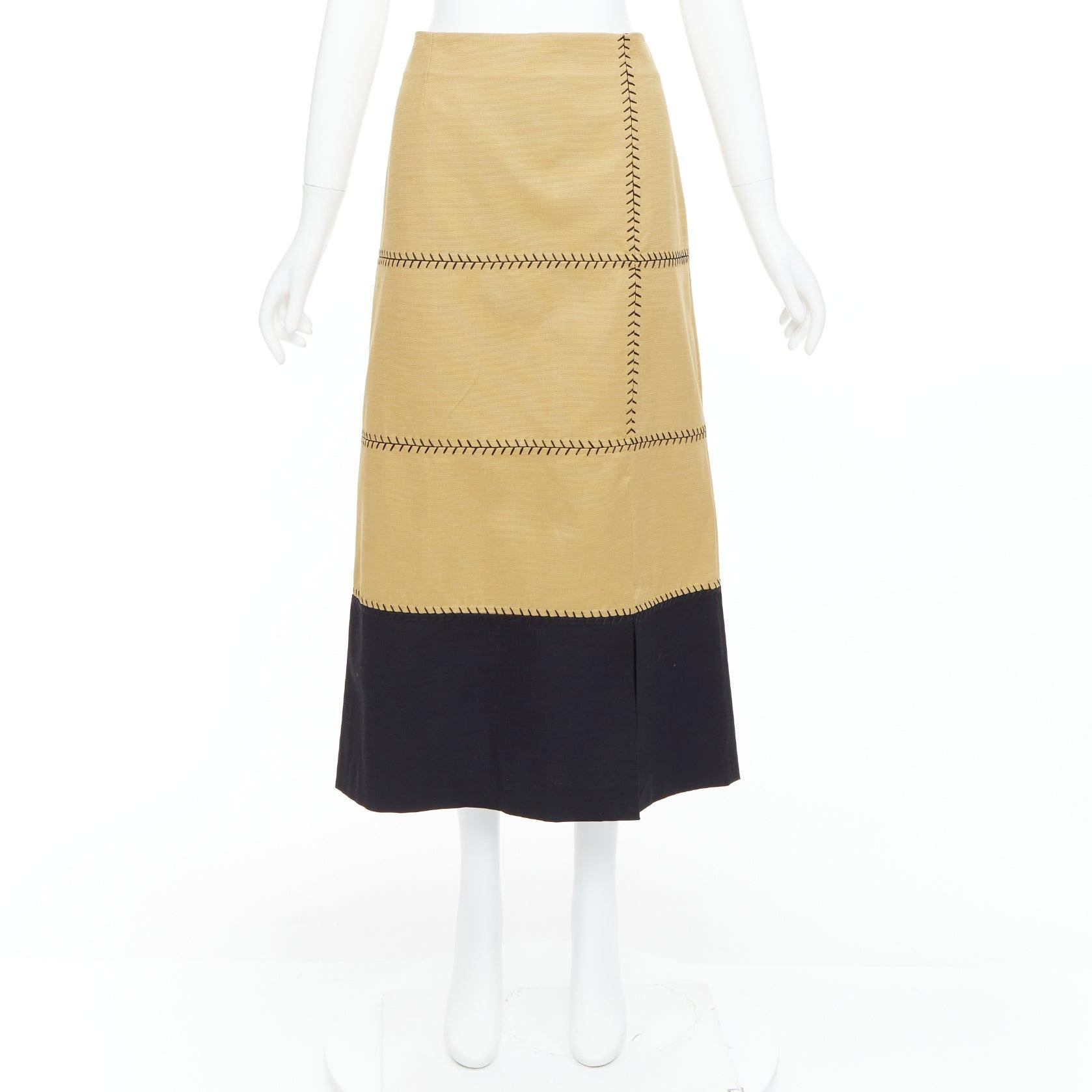 GABRIELA HEARST Lyssa tan cotton black whipstitch design midi skirt IT44 L For Sale 4