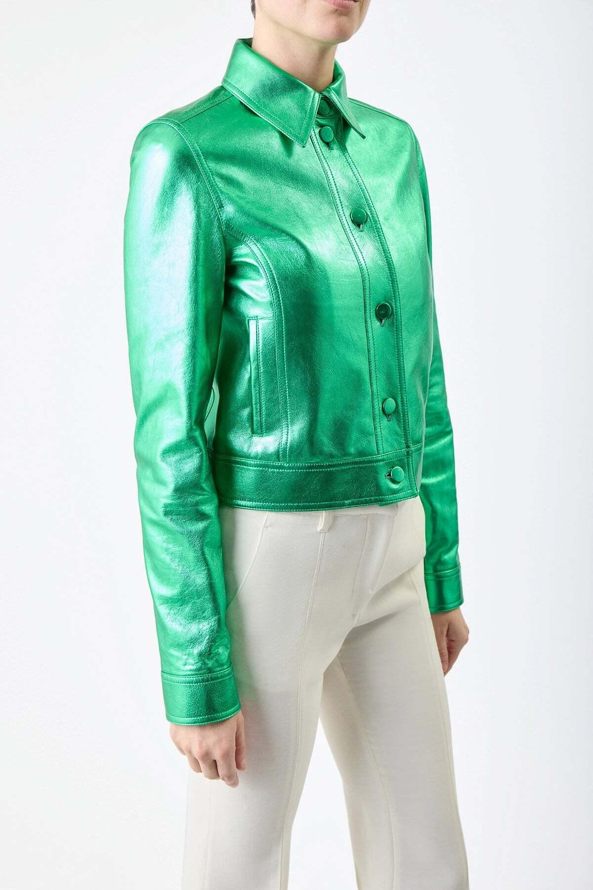 GABRIELA HEARST Veste 2024 THEREZA en cuir vert métallisé XS en vente 2