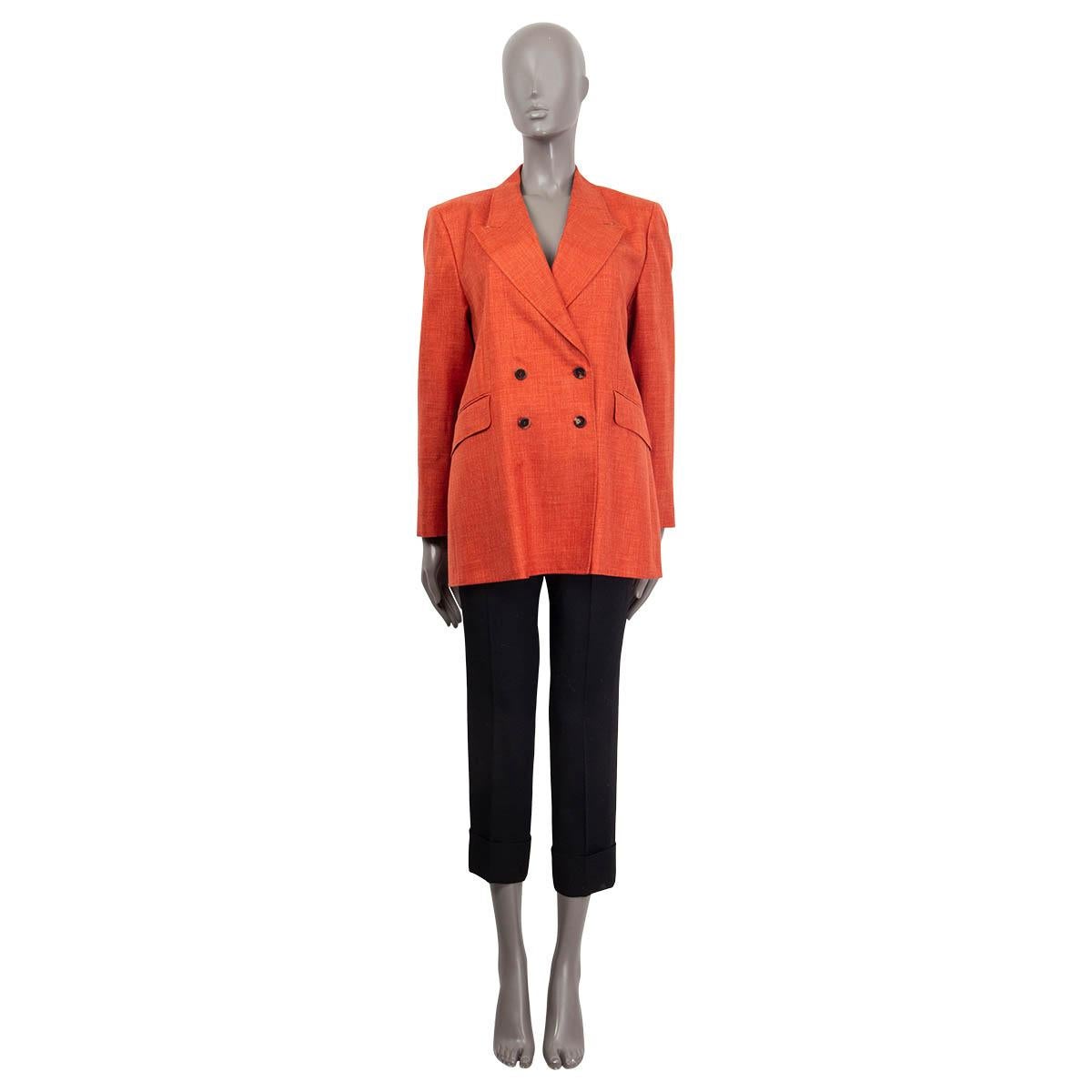 100% authentic Gabriela Hearst 'Angela' double breasted blazer in orange wool (49%), silk (30%) and linen (21%). Features peak lapels, two flap pockets and buttoned cuffs. Opens with two buttons on the front. Lined in orange silk (100%). Brand new,