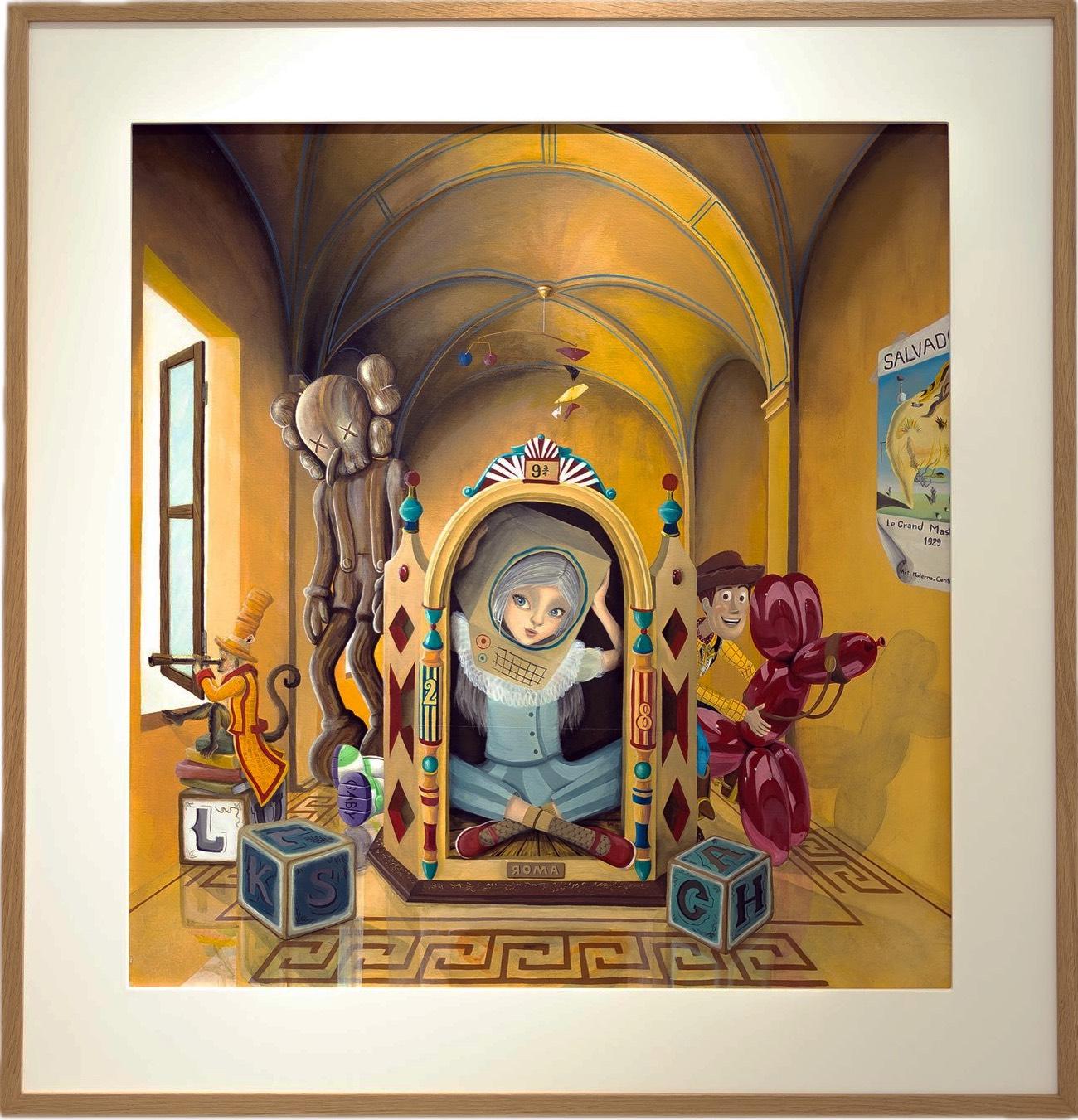 76 x 72 cm ohne Rahmen
93 x 97 cm mit dem Rahmen

Toy Room (2022) - Acryl auf Leinwand
Abmessungen: 96,5 x 93 x 3 cm (38 x 36,6 x 1,2 Zoll)
Medium: Acryl auf Leinwand
Zustand: Ausgezeichnet
Toy Room (2022) lädt den Betrachter in einen traumhaften