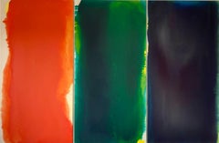 Abstraktes Farbfeld-Triptychon in Orange, Grün und Tiefblau von Gabriela Meunie