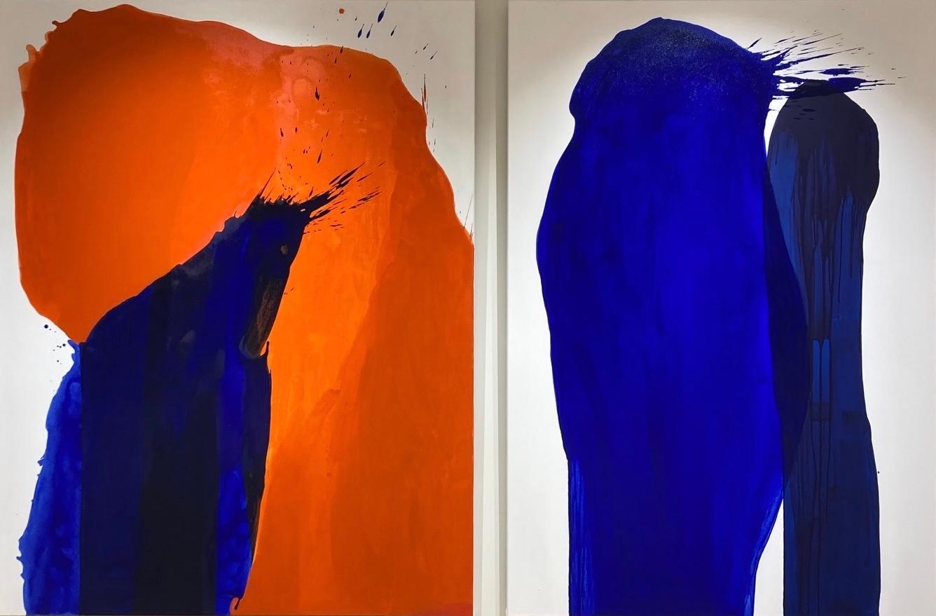 Gabriele Meunie Contemporary Abstract Diptych in Blue and Orange Large Painting