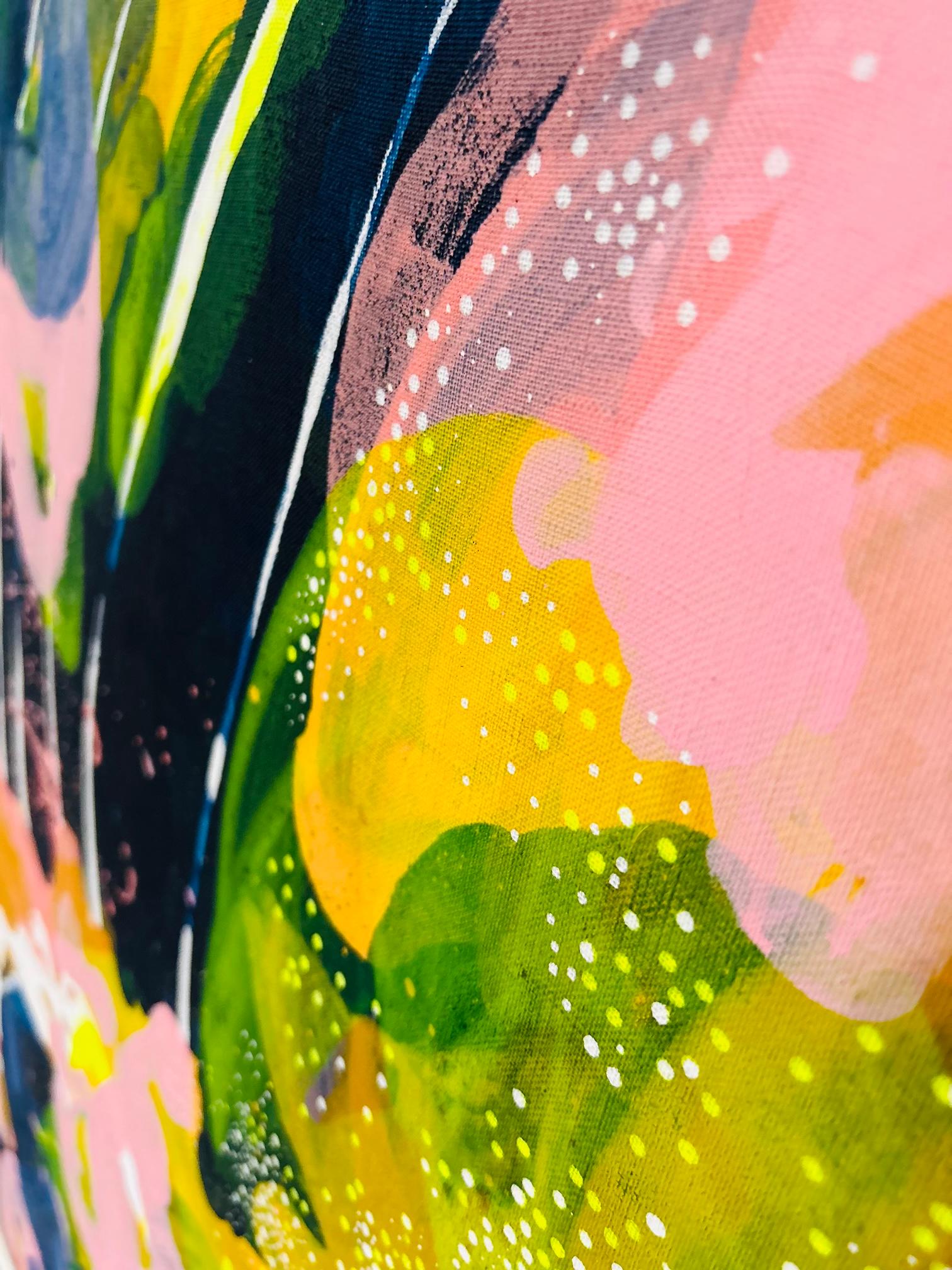 Un pezzo unico con forme organiche e pennellate audaci. Questa creazione presenta un dettagliato puntinismo che aggiunge consistenza e profondità alla composizione. La combinazione di colori freddi su toni caldi genera un marcato contrasto di