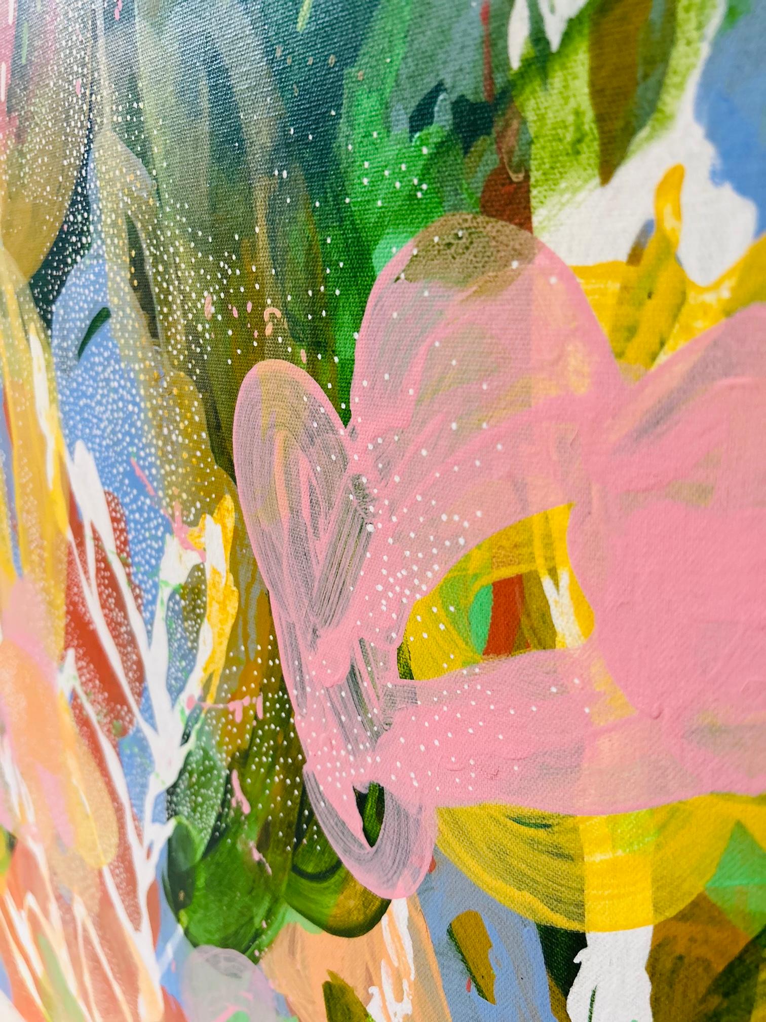 Forme organiche create con macchie armoniosamente disperse sulla tela. Le linee omogenee e i dettagli del puntinismo si combinano in quest'opera per creare una composizione di grande impatto visivo. I colori freddi su quelli caldi offrono un elevato