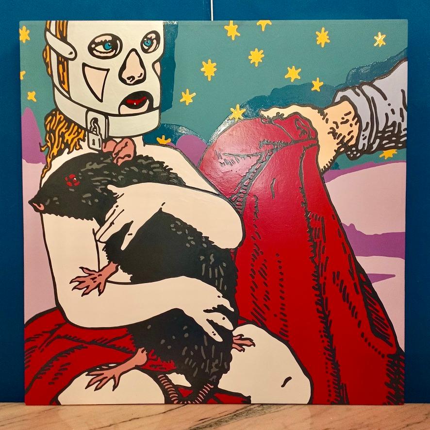 In Senza Titolo (Red Sheet), realizzata nel 2005, Gabriele Arruzzo fonde estetica pop, provocazione narrativa e cultura visiva contemporanea in un’opera acrilica su tela dal forte impatto iconografico. Misurando 80 x 80 cm, il dipinto presenta una