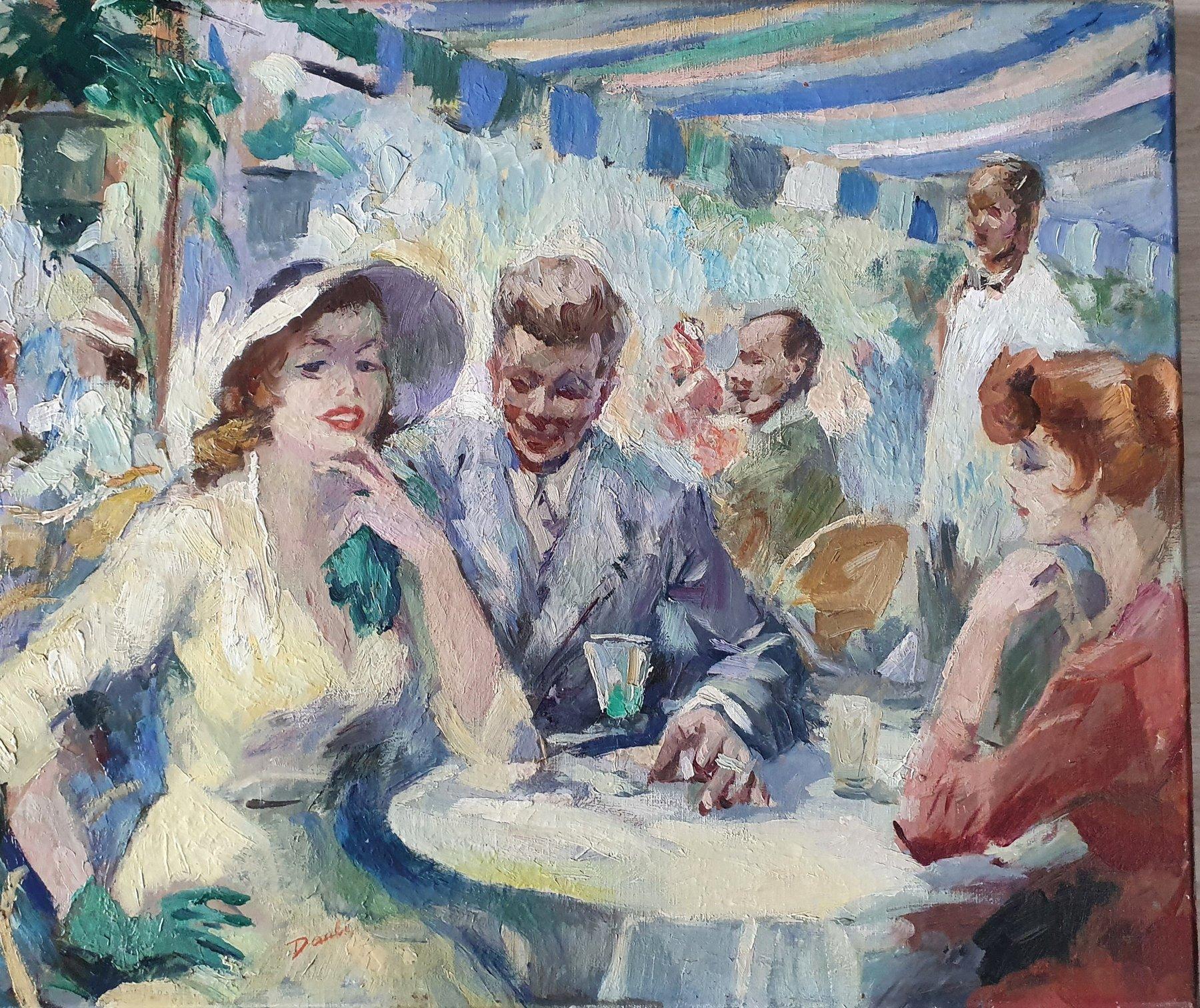 Summery terrace scene by the German paintres Gabrielle Daube from Hamburg For Sale 4