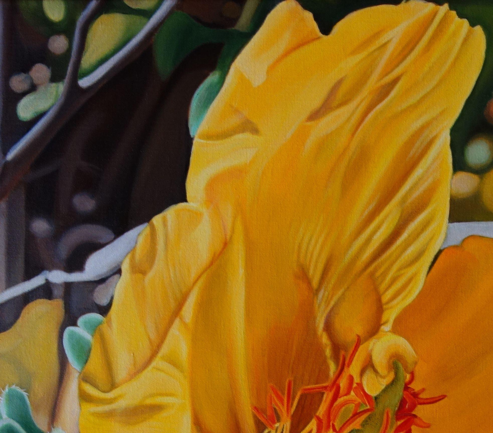 Yellow horned Poppy / The Visitor, Painting, Oil on Canvas For Sale 1