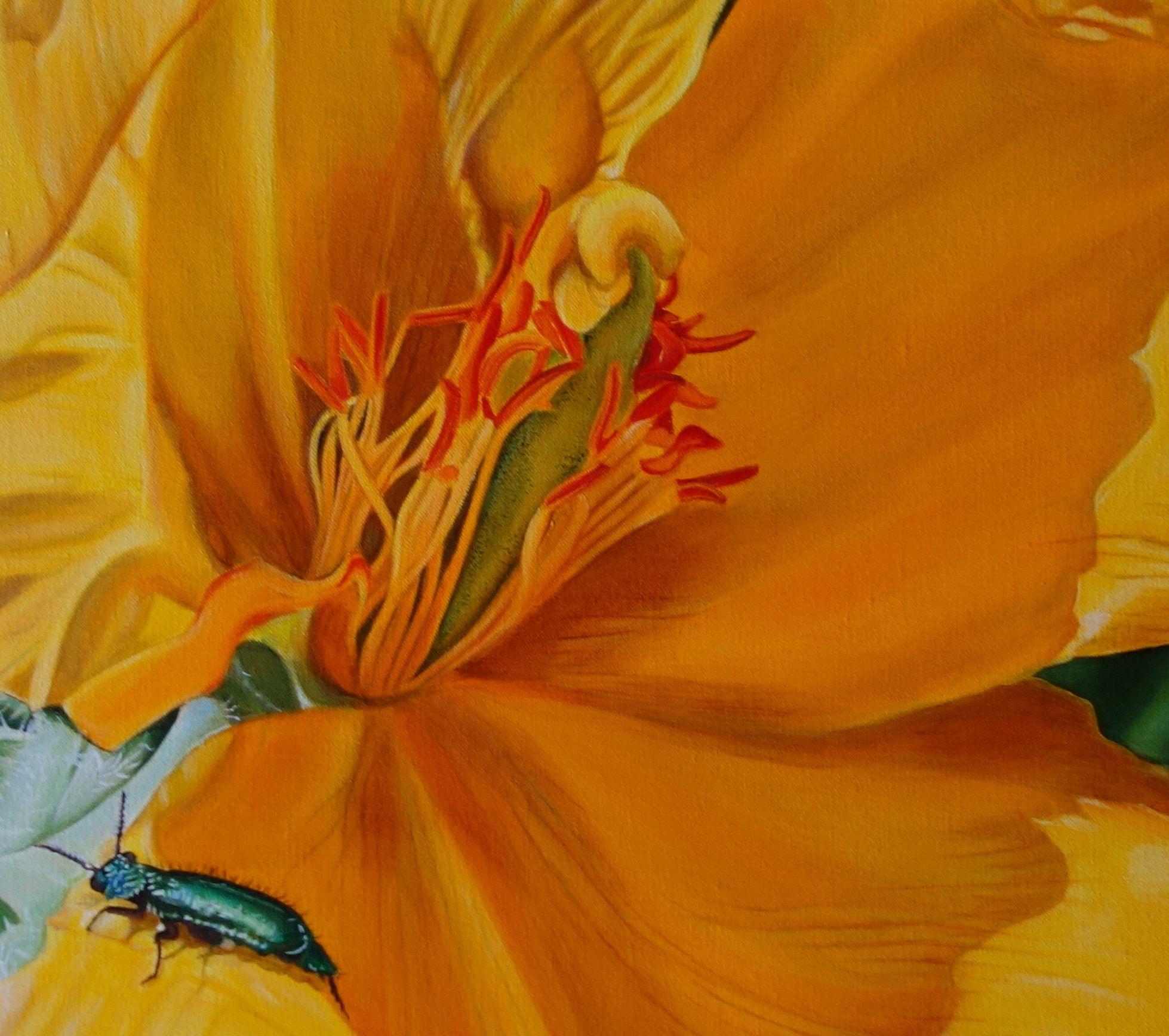 Yellow horned Poppy / The Visitor, Painting, Oil on Canvas For Sale 3