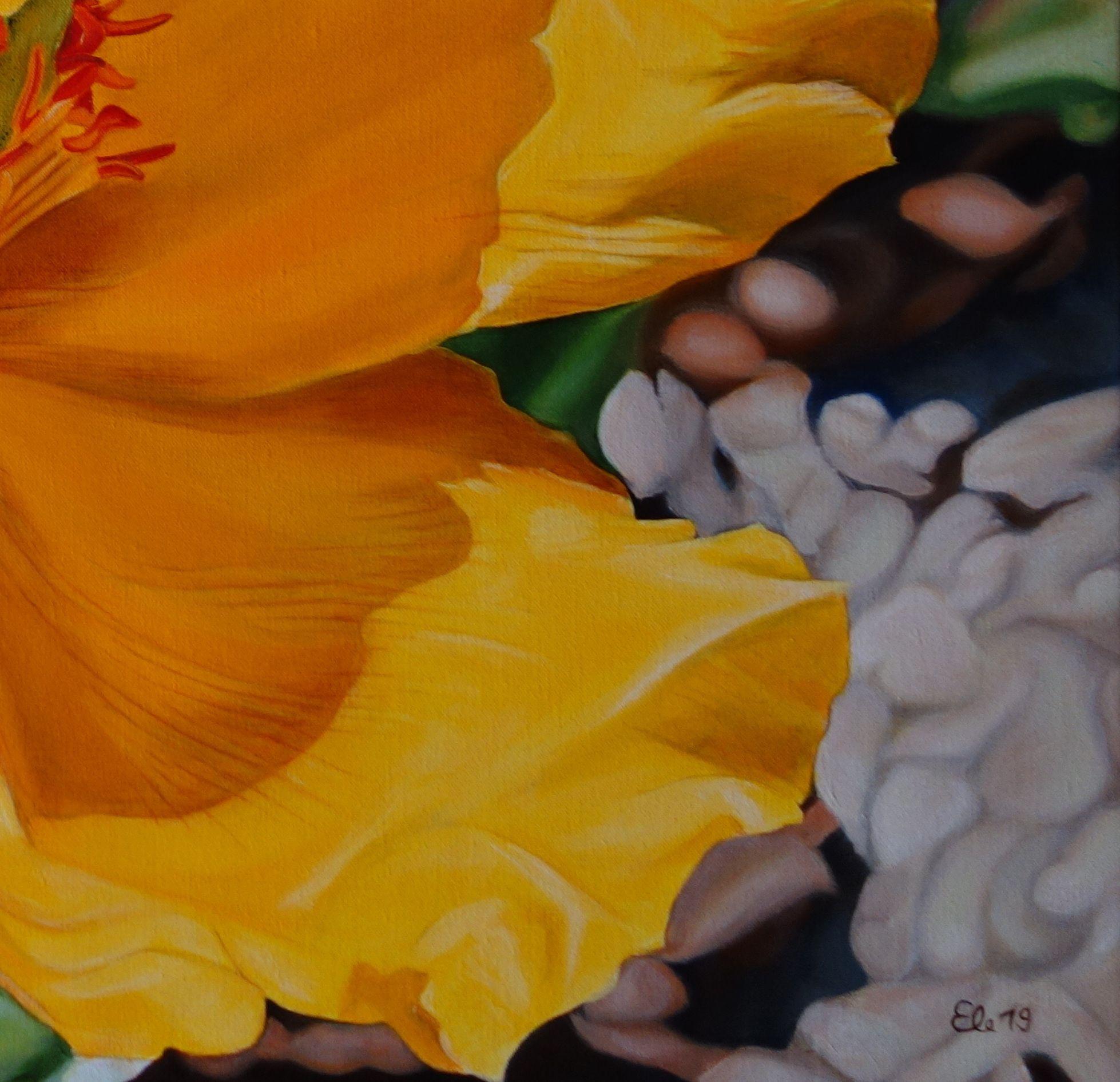 Yellow horned Poppy / The Visitor, Painting, Oil on Canvas For Sale 4