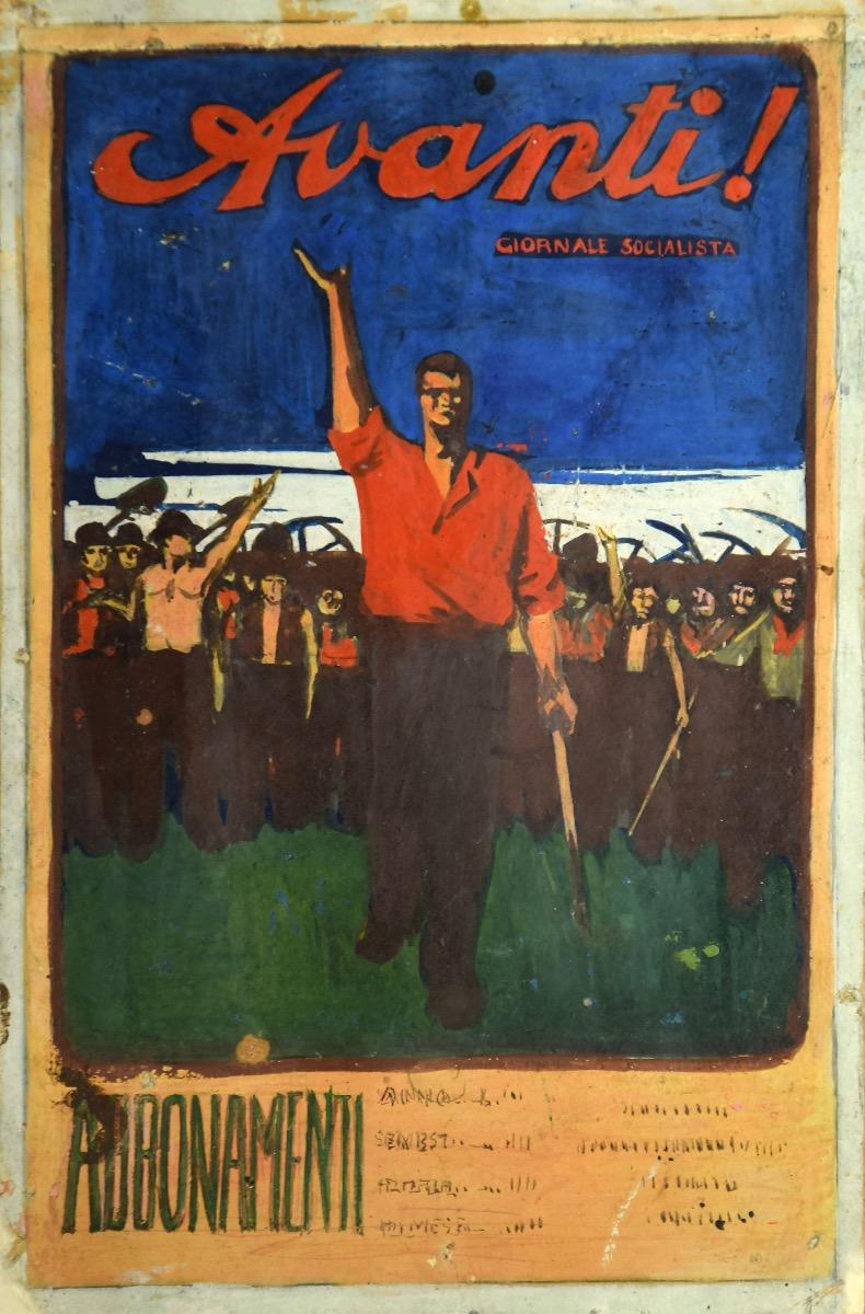 Forward ist eine Originalzeichnung in Mischtechnik (Tusche und Aquarell) auf cremefarbenem Papier  von Gabriele Galantara (1865-1937).

Unter guten Bedingungen. Oben in der Mitte betitelt.

Dies ist eine Originalzeichnung, die eine sozialistische