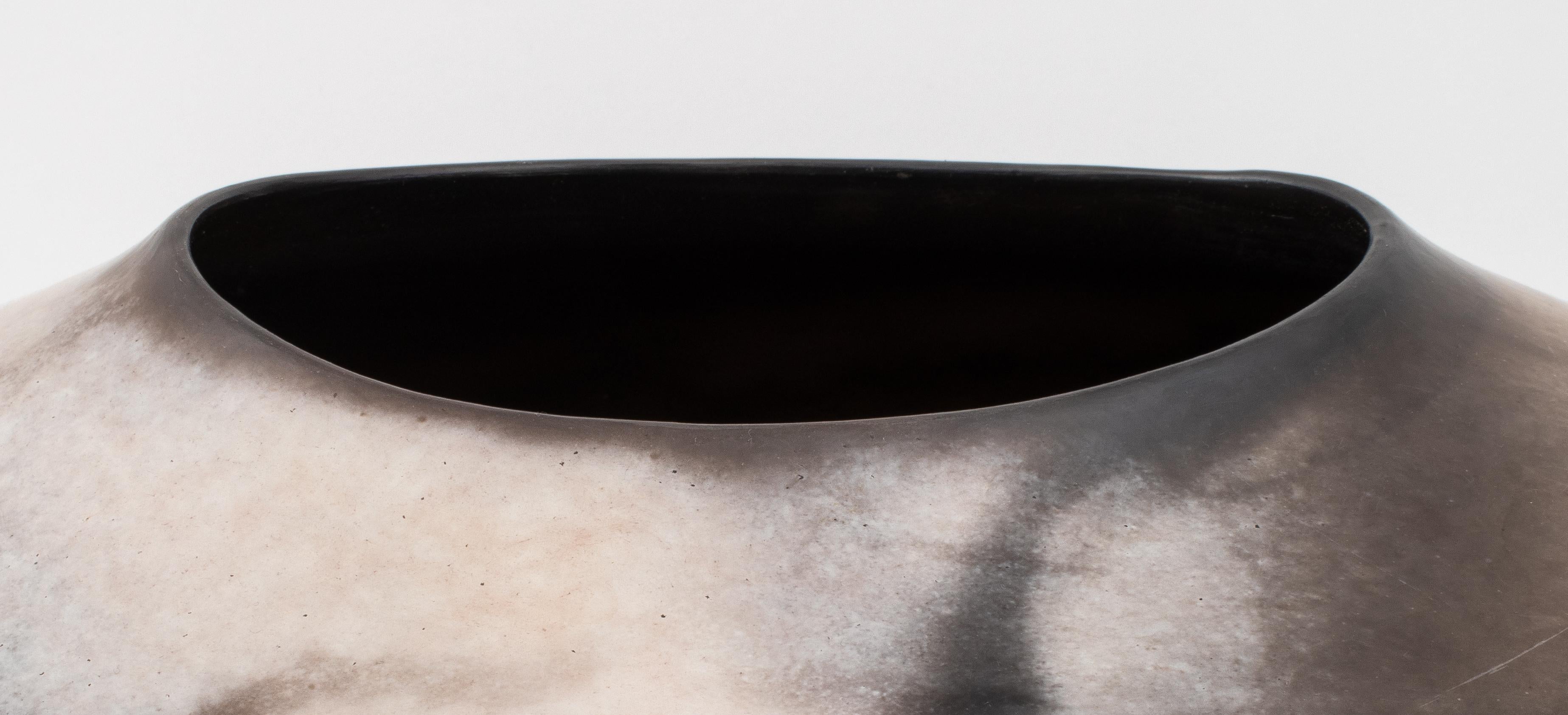 Gabriele Koch (German, b.1948), large contemporary ceramic art pottery ornamental bowl, smoke-fired and burnished earthenware, with delicate mottled cream, ochre and grey colors, incised signature on bottom.
Dimensions:  12