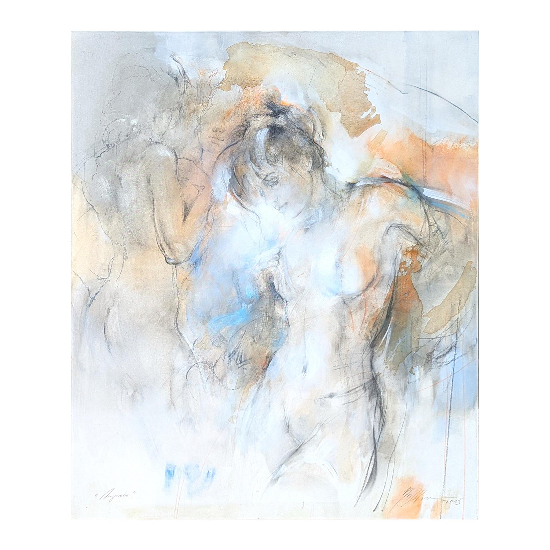 Modernes, weiches, blau-orange-pastellfarbenes, pastellfarbenes, figuratives weibliches Aktgemälde „Freedom“ – Painting von Gabriele Mierzwa