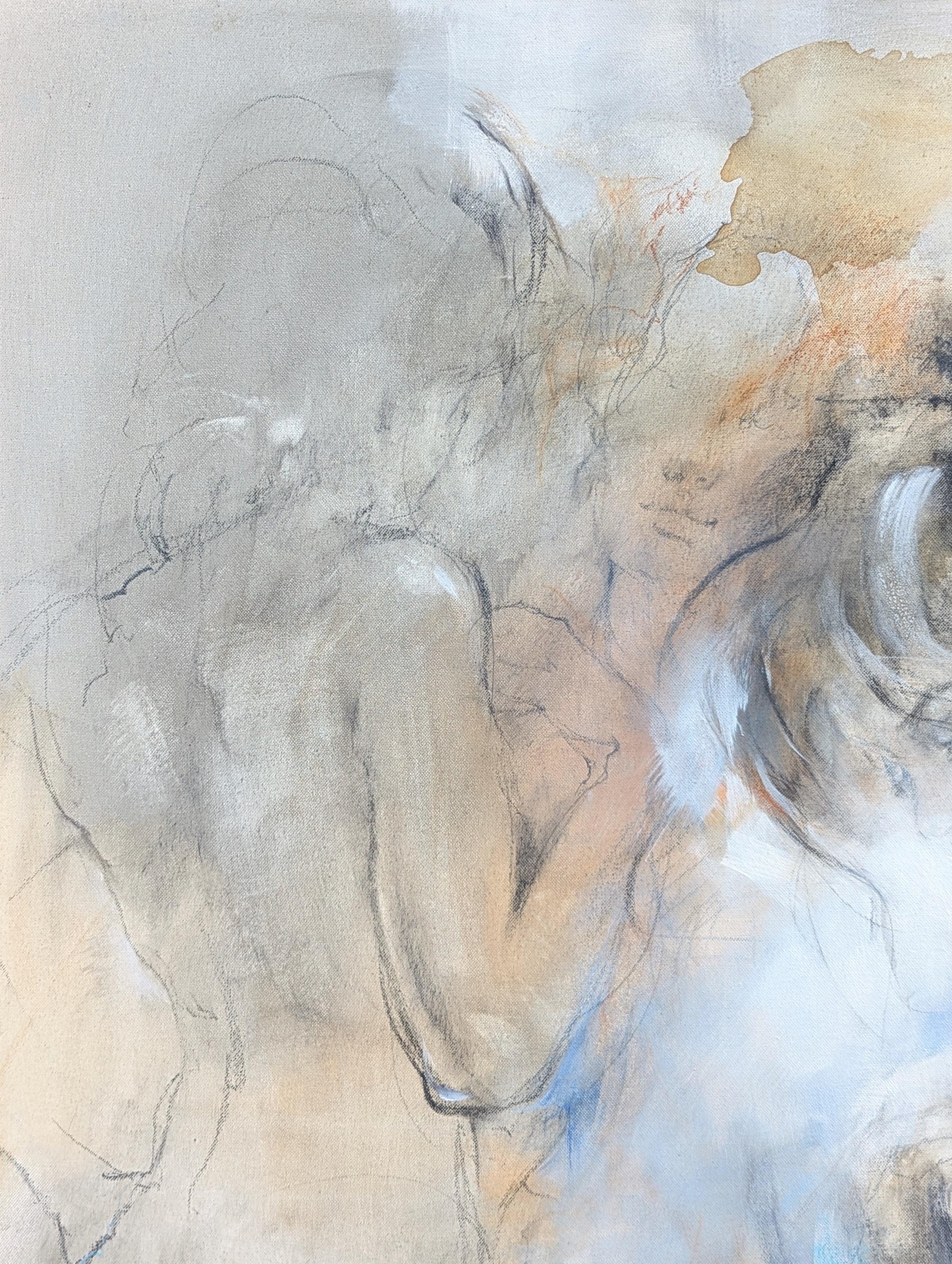 Modernes, weiches, blau-orange-pastellfarbenes, pastellfarbenes, figuratives weibliches Aktgemälde „Freedom“ (Grau), Figurative Painting, von Gabriele Mierzwa
