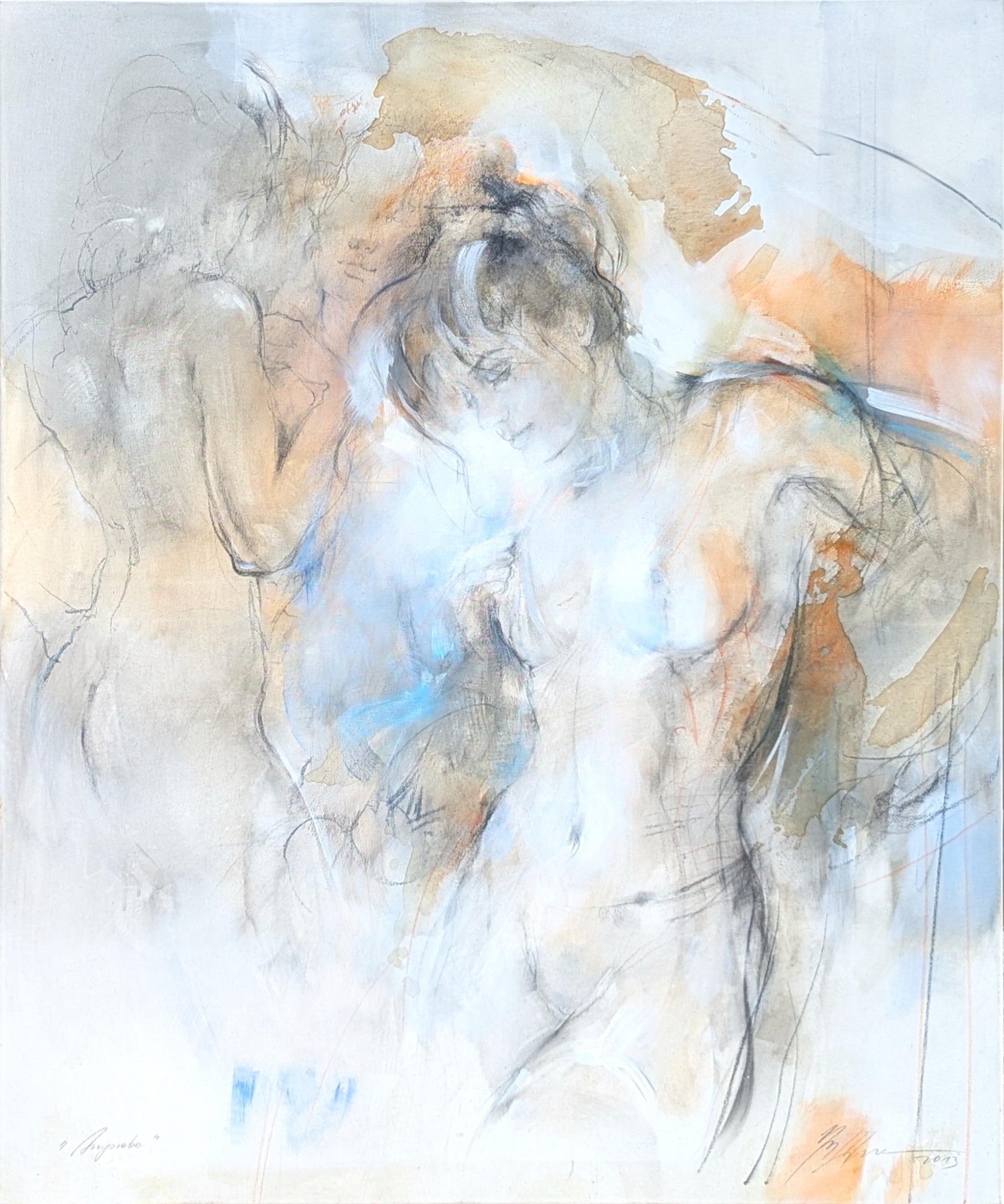 "Libertà" Pittura moderna di nudo femminile figurativo dai toni pastello blu e arancione