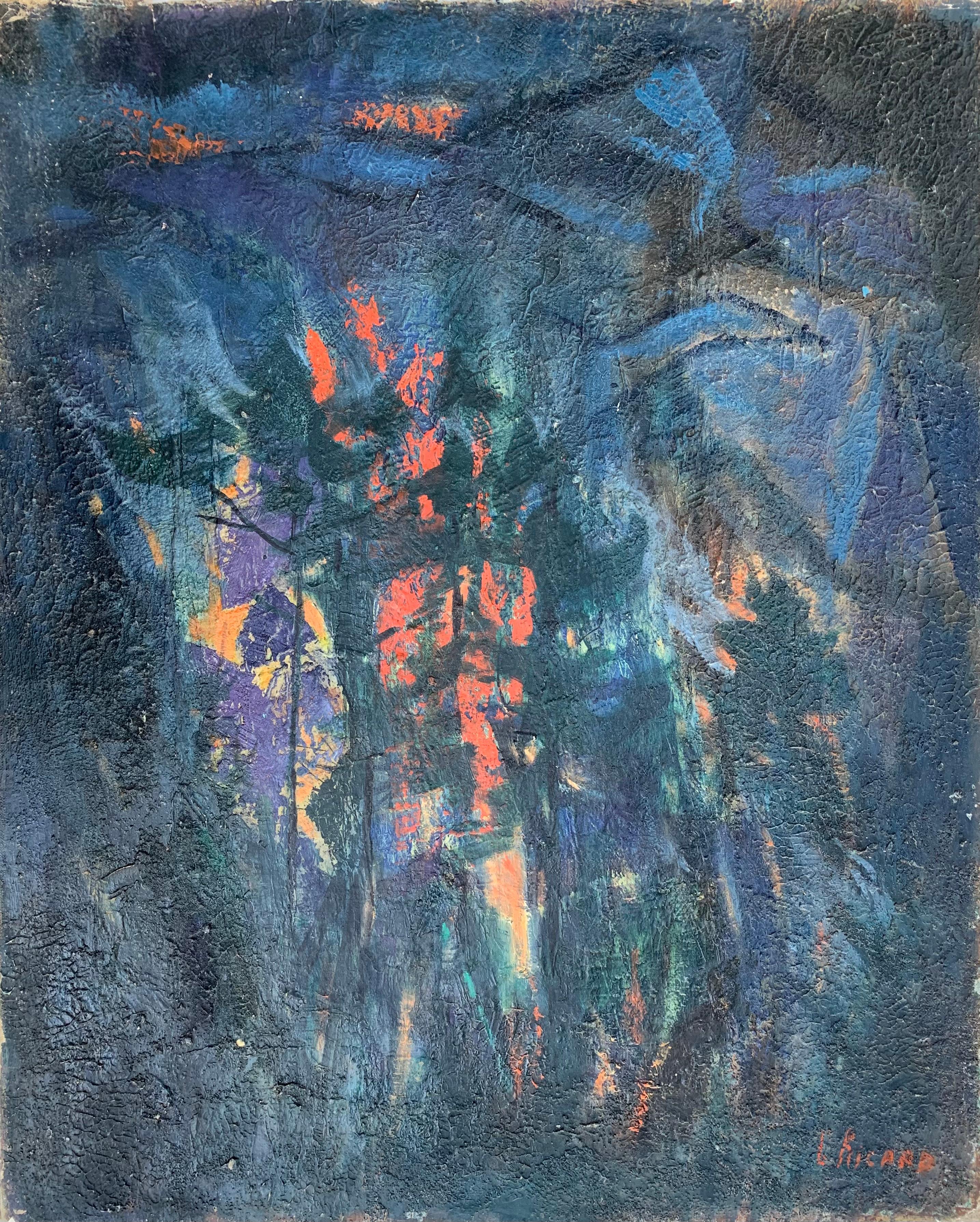 Gabriele Richard-Cordingley Landscape Painting – das Feuer", Nachtlandschaft von Gabrielle Ricard - Cordingley. Jahr 1967. 