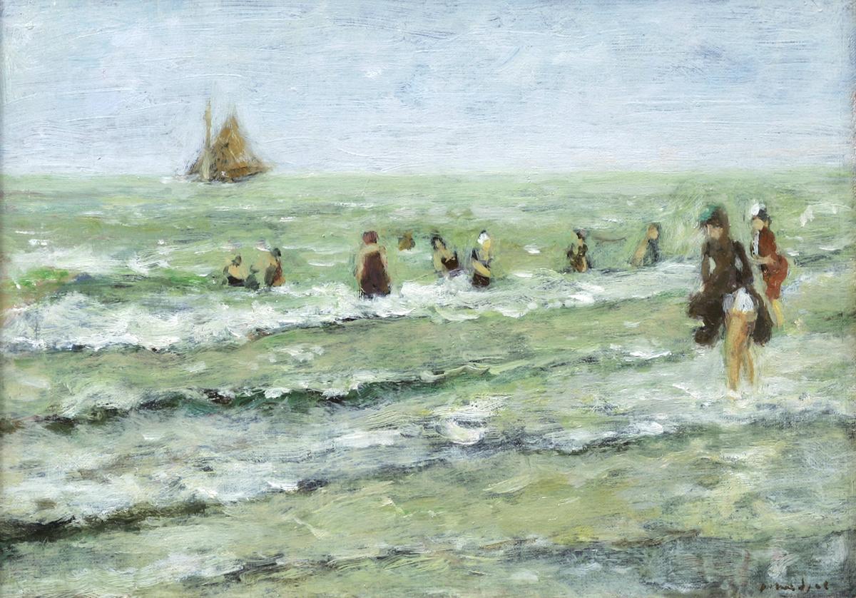 Gabriele Spat Landscape Painting - Green Seascape with Figures 'Apres midi sur la plage' by Gabriel Spat 