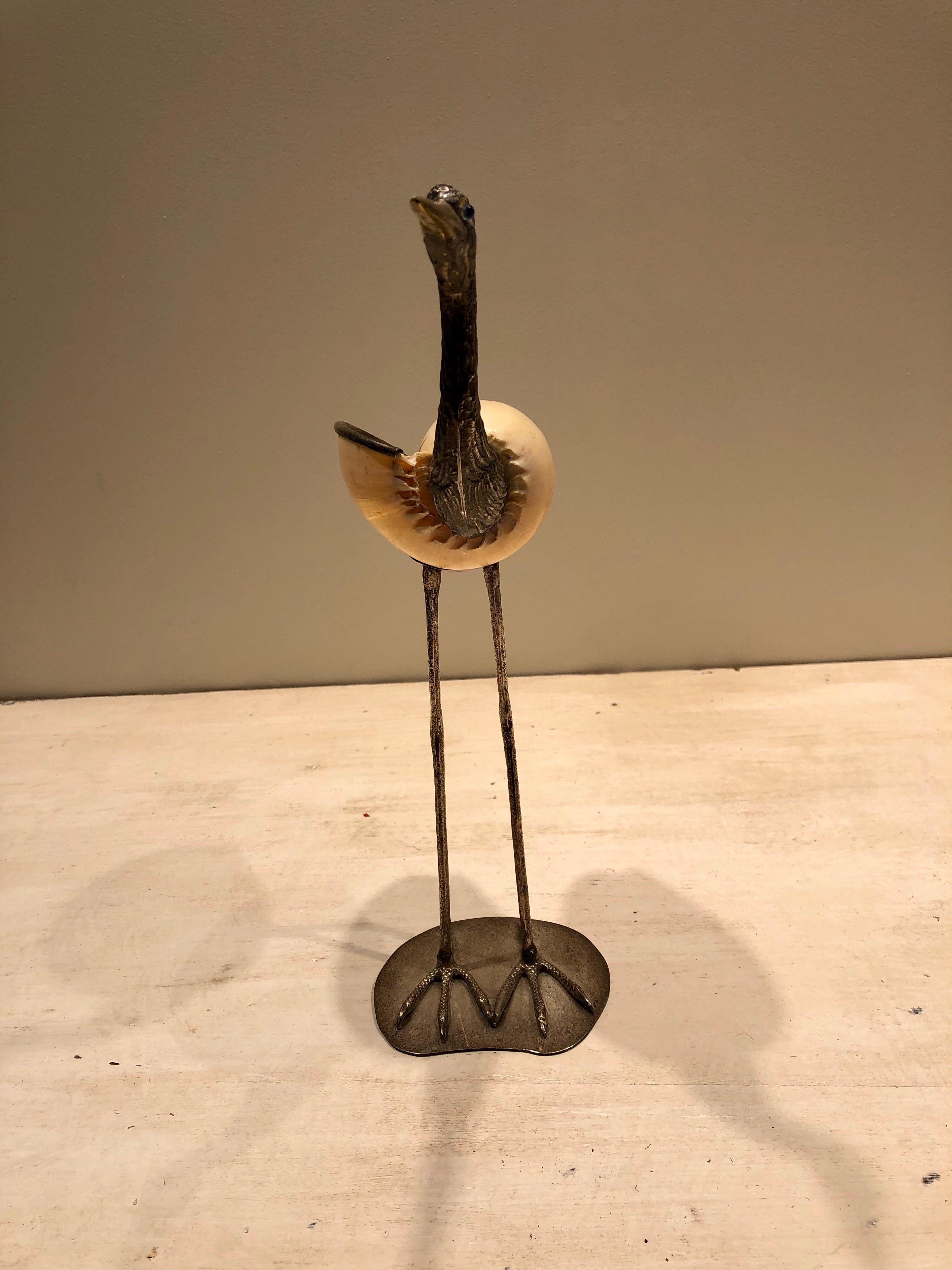 Hand-Crafted Gabriella Binazzi 1970s Silver Plated Handcrafted Bird with Seashell Body