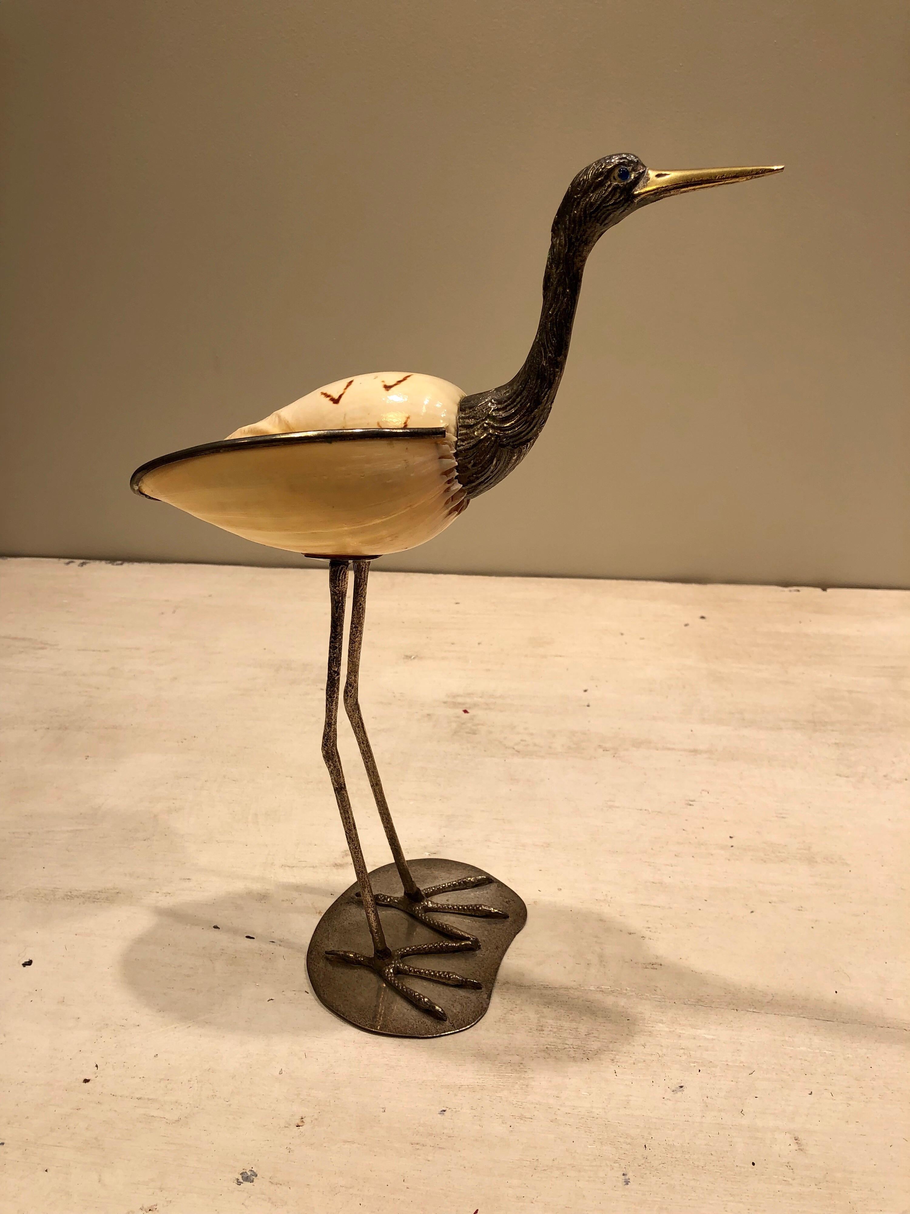 20th Century Gabriella Binazzi 1970s Silver Plated Handcrafted Bird with Seashell Body