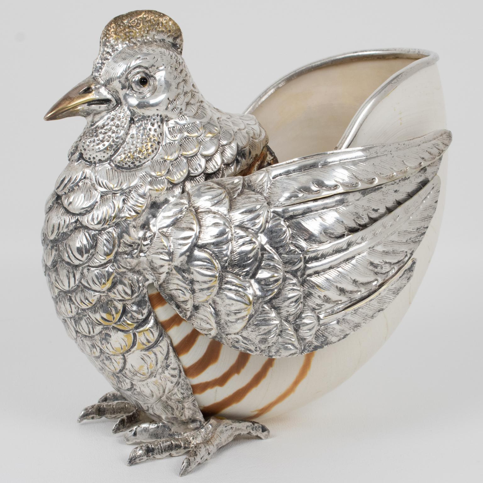 This beautiful massive silvered metal and shell hen bird was designed and hand-crafted by Italian artist Gabriella Binazzi (attributed to). You can hear the ocean in this lovely Binazzi object of art. The hen's head, plumage, and feet are made of