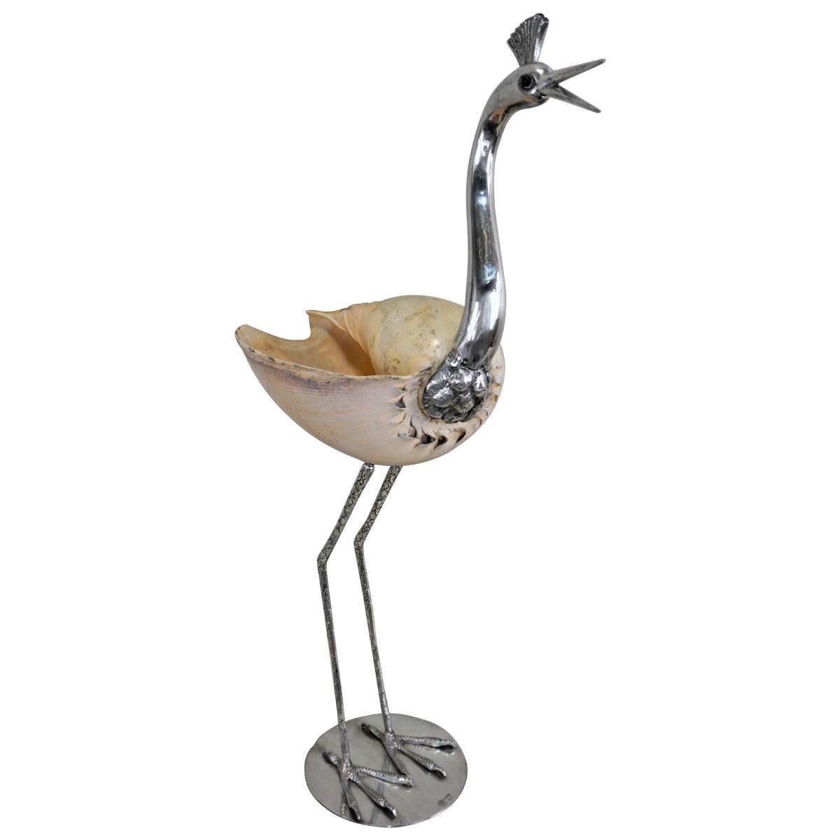 Gabriella Binazzi Italian 1970s Silver and Shell Bird Sculpture