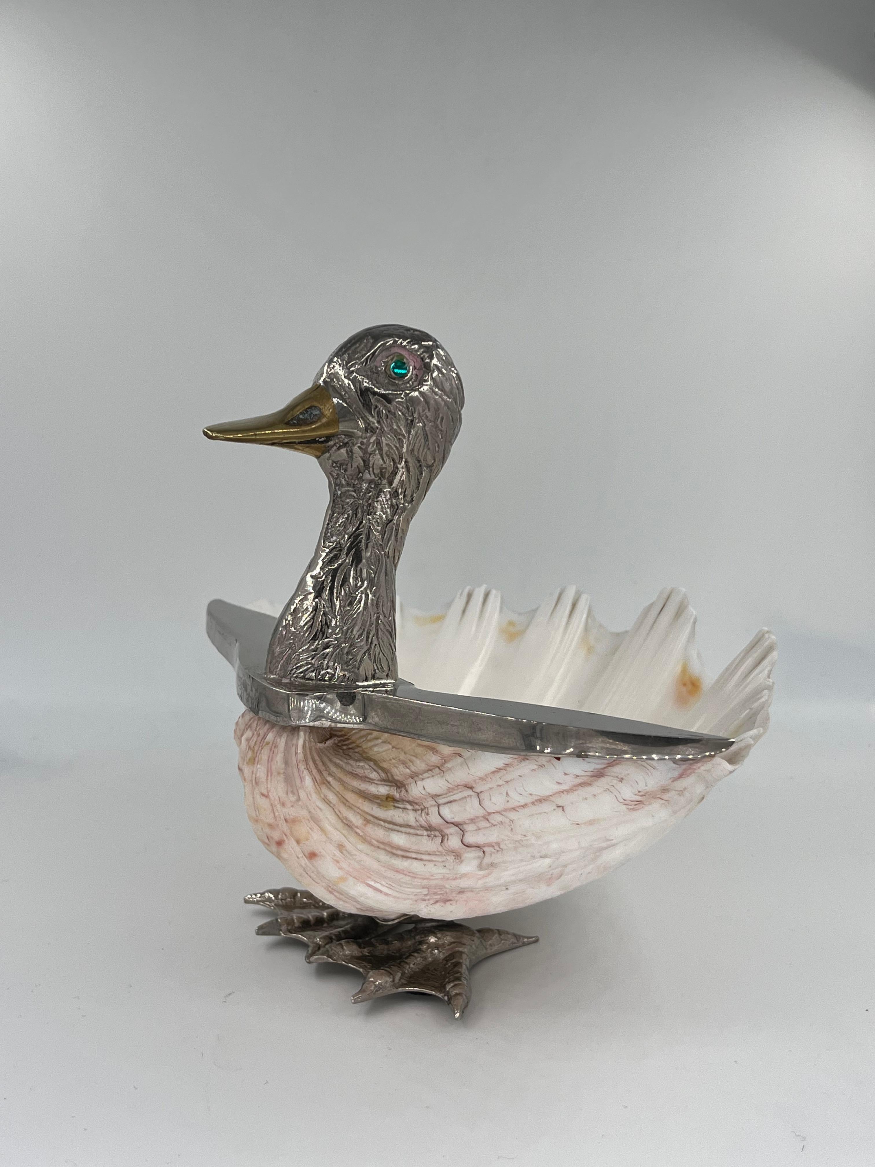 Brass Gabriella Binazzi - Shell and silvered brass duck-shaped trinket bowl, 1970 For Sale