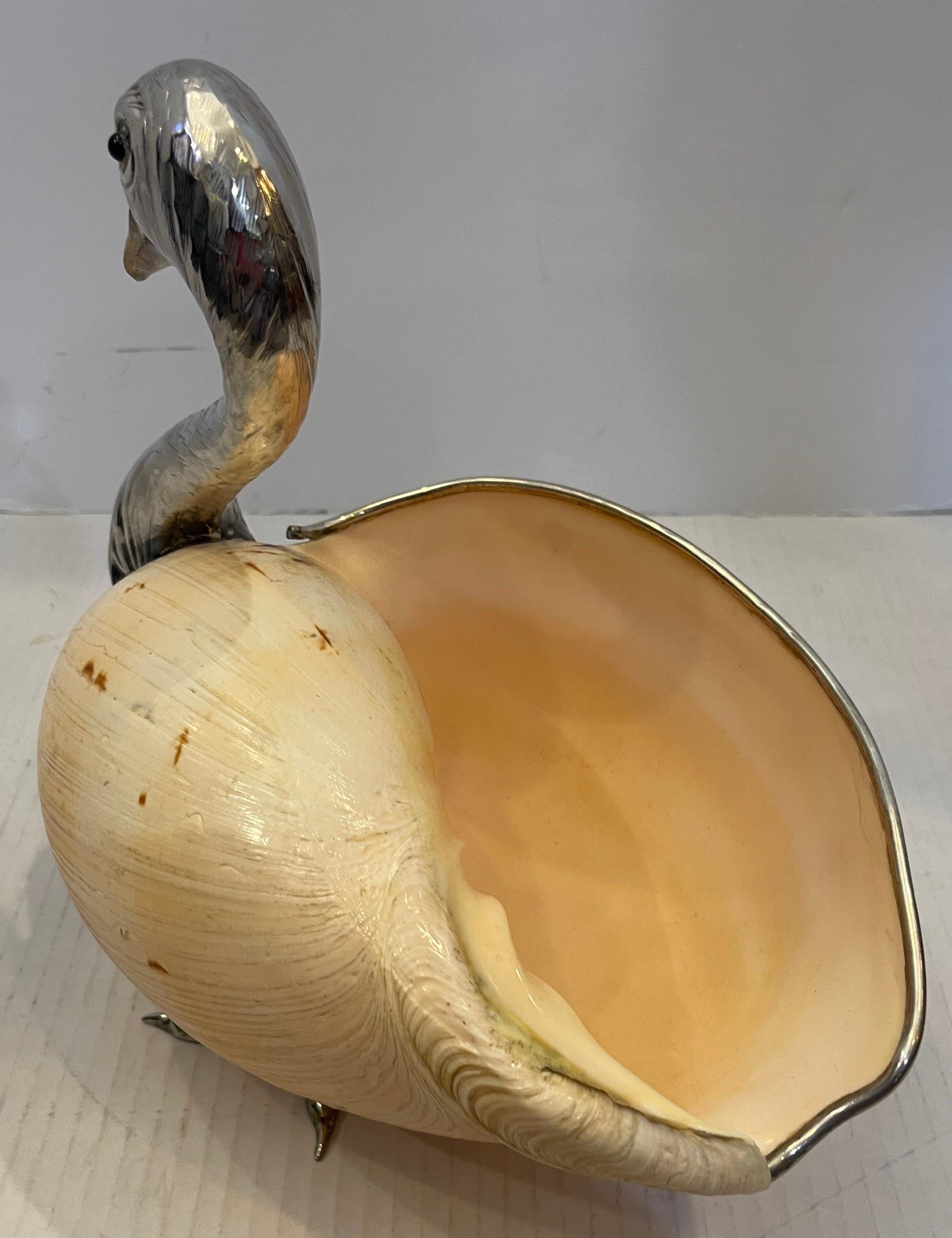 Mid-Century Modern Gabriella Binazzi, plaque d'argent, laiton et grand coquillage Swan en vente