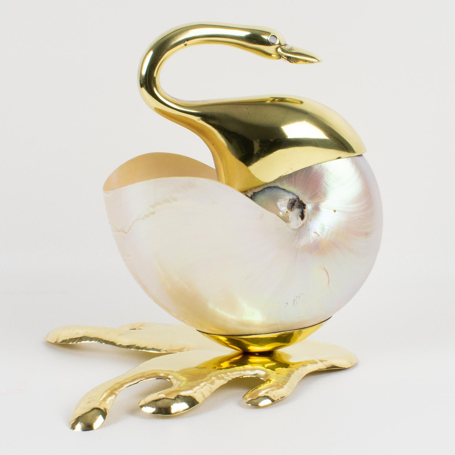 Gabriella Binazzi Style Seashell and Brass Swan Bowl Sculpture, 1970s 7