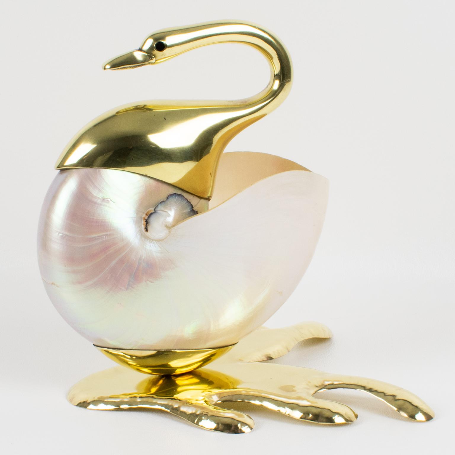 Gabriella Binazzi Style Seashell and Brass Swan Bowl Sculpture, 1970s 8