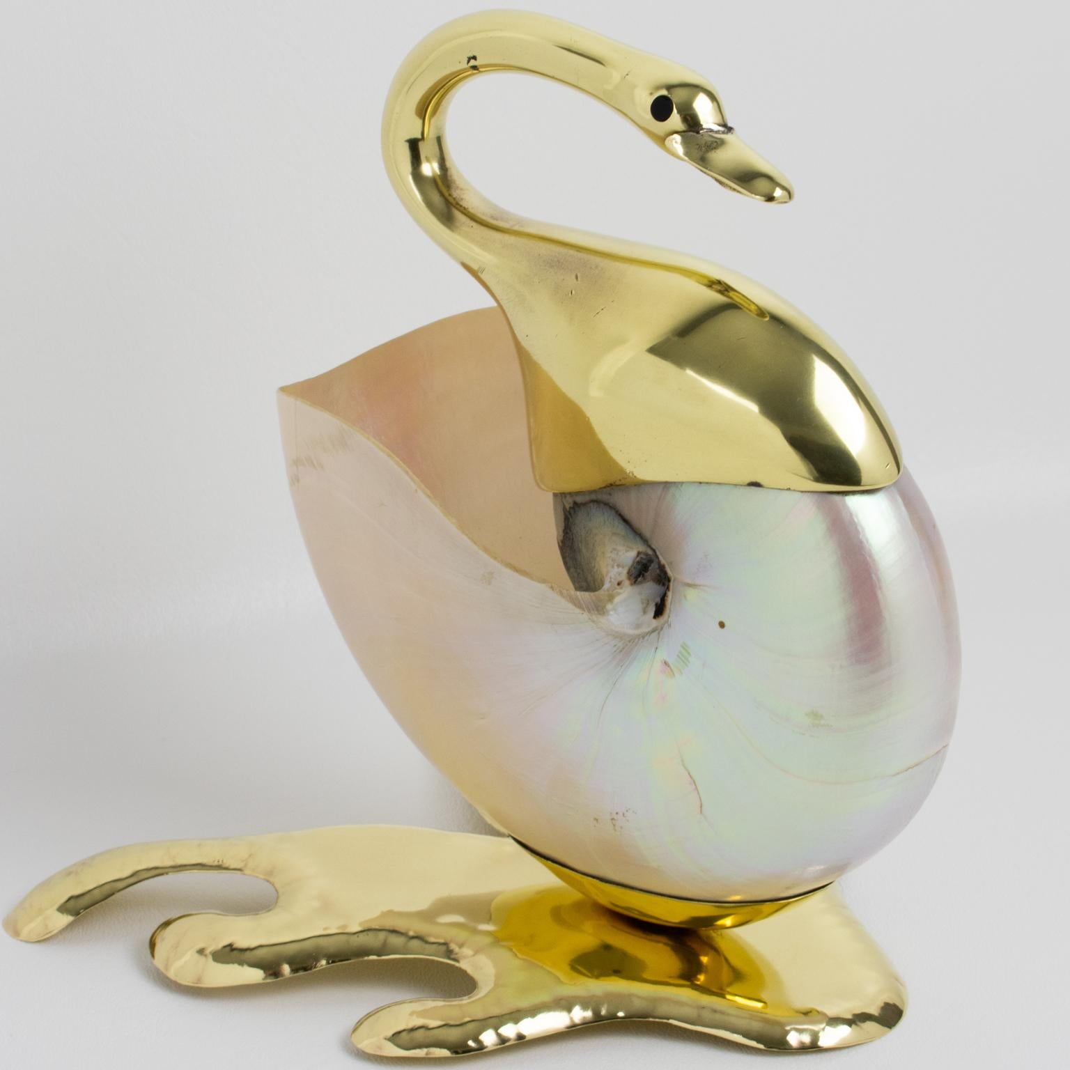 Modern Gabriella Binazzi Style Seashell and Brass Swan Bowl Sculpture, 1970s