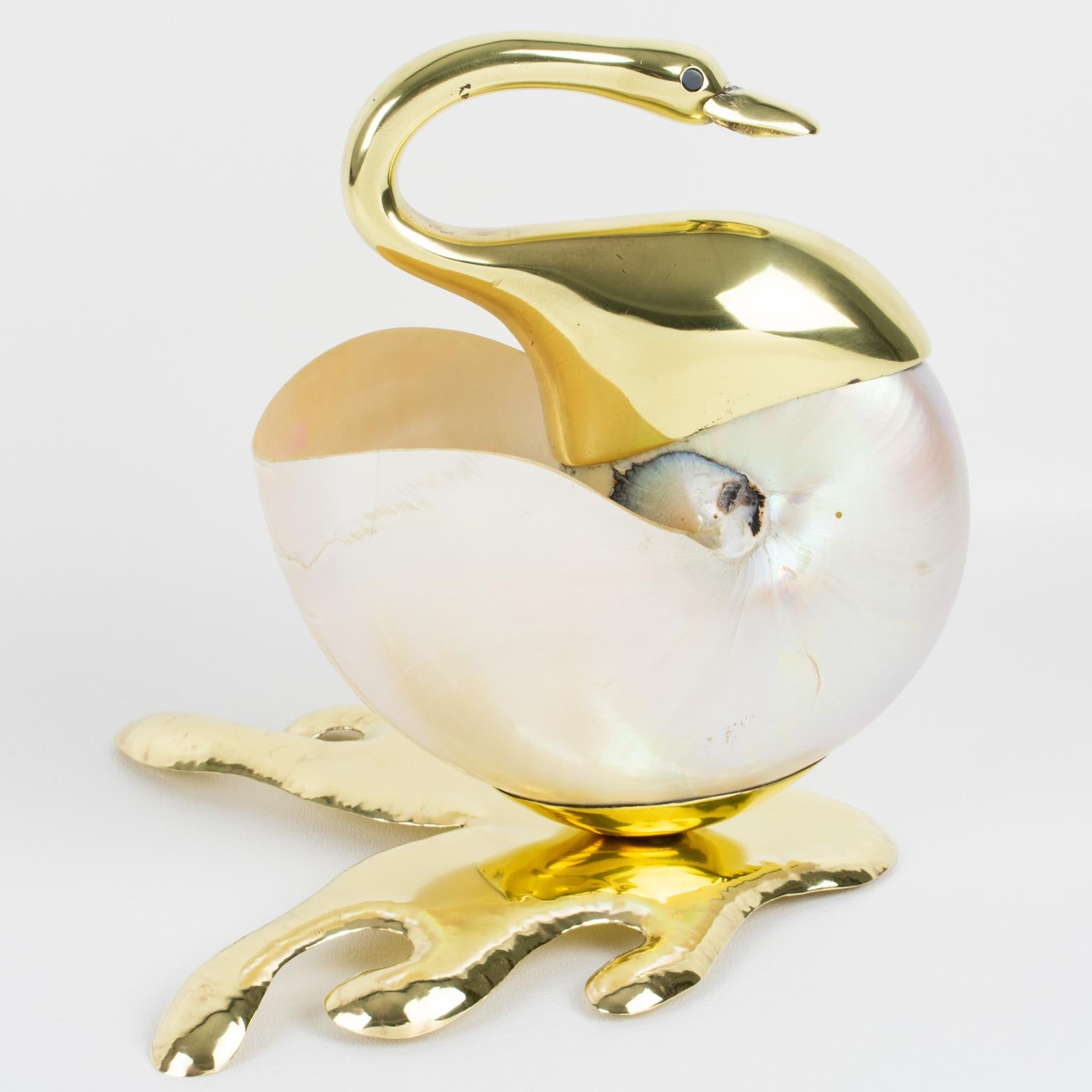 Italian Gabriella Binazzi Style Seashell and Brass Swan Bowl Sculpture, 1970s