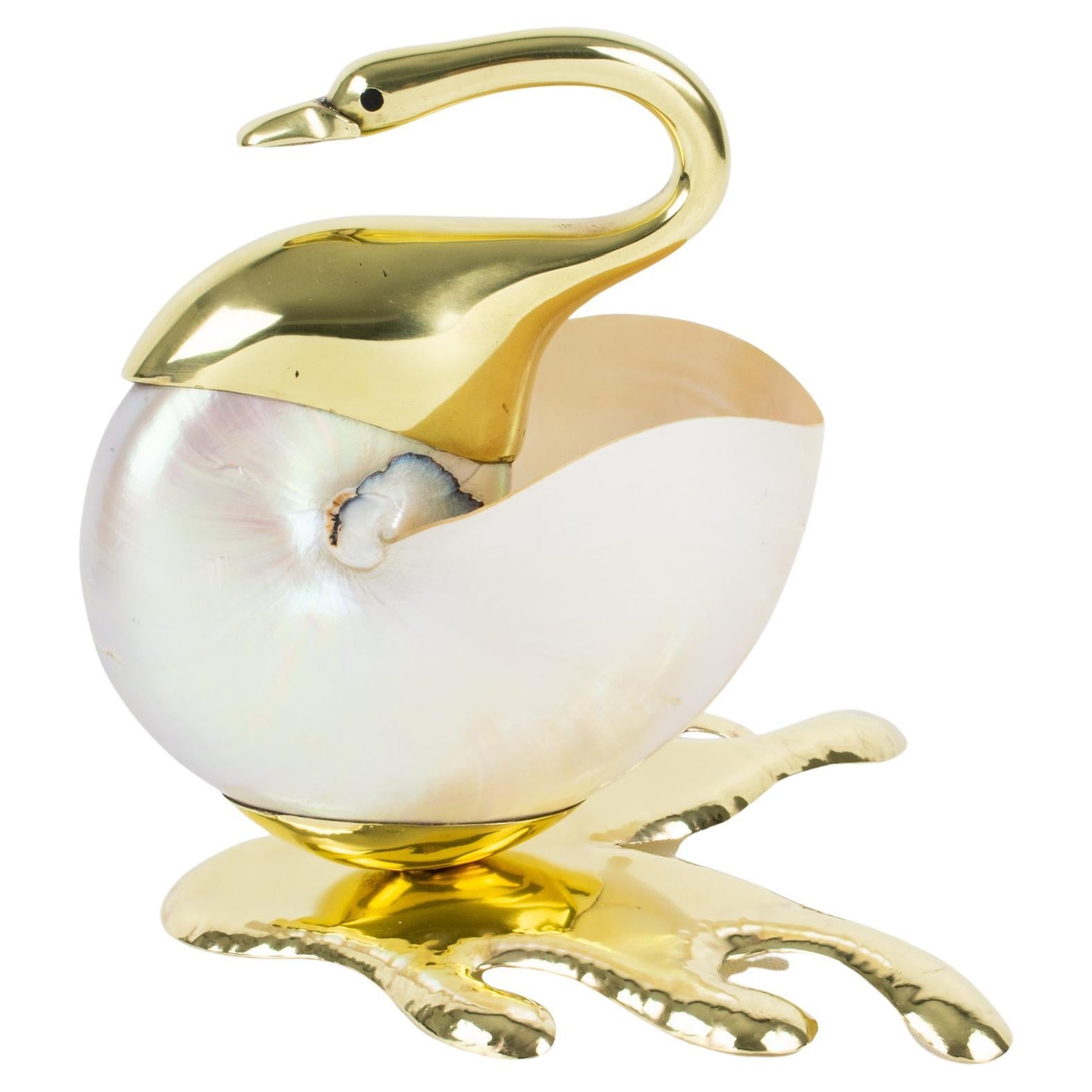 Gabriella Binazzi Style Seashell and Brass Swan Bowl Sculpture, 1970s