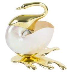 Vintage Gabriella Binazzi Style Seashell and Brass Swan Bowl Sculpture, 1970s
