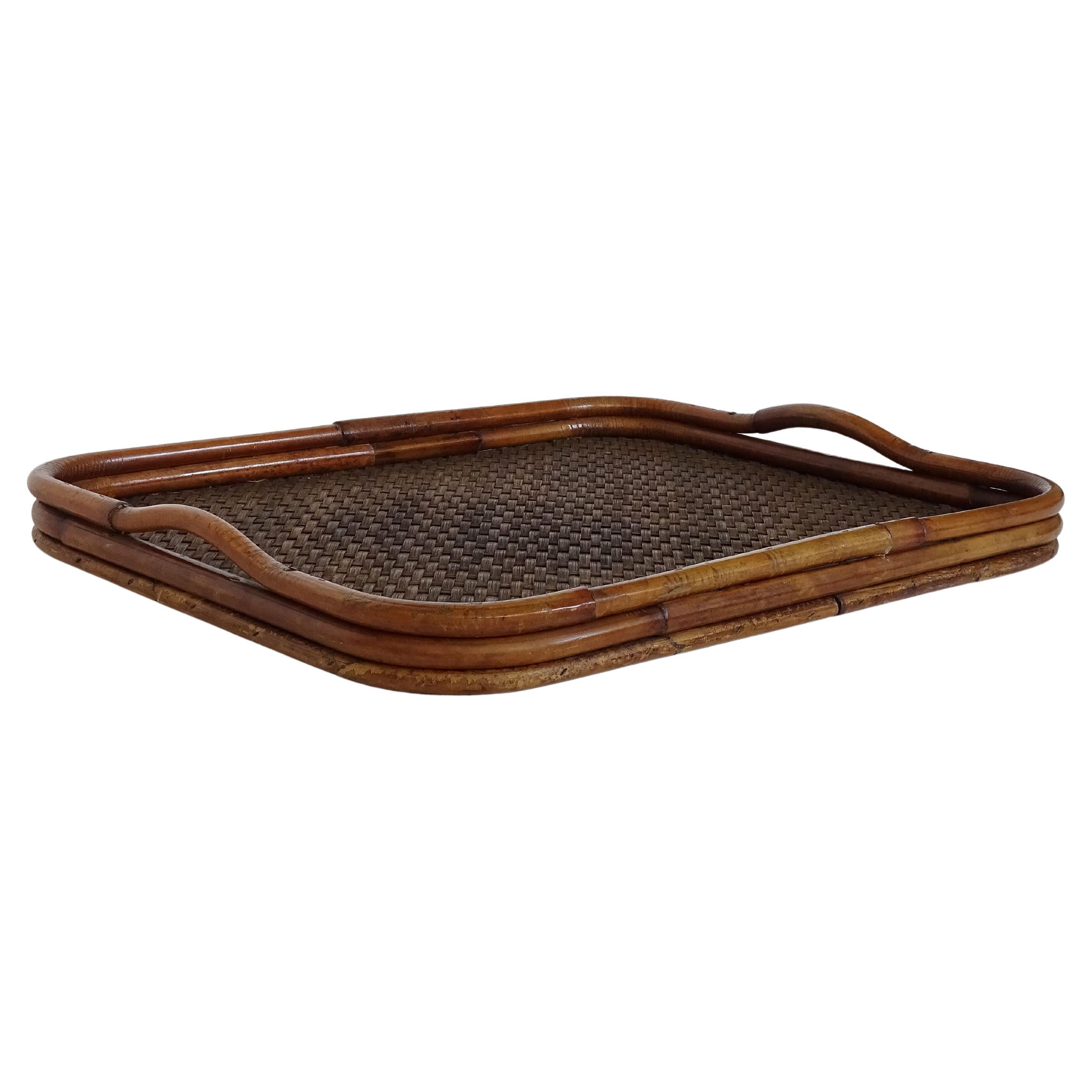Gabriella Crespi Bamboo and Rattan Large Serving Tray, Italy, 1970s